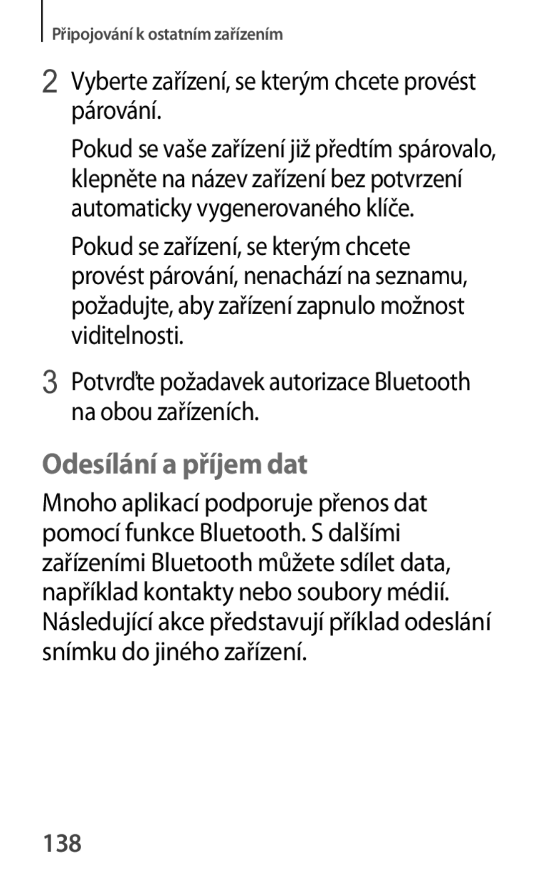 Samsung SM-A500FZKUETL manual Odesílání a příjem dat, Vyberte zařízení, se kterým chcete provést párování, 138 