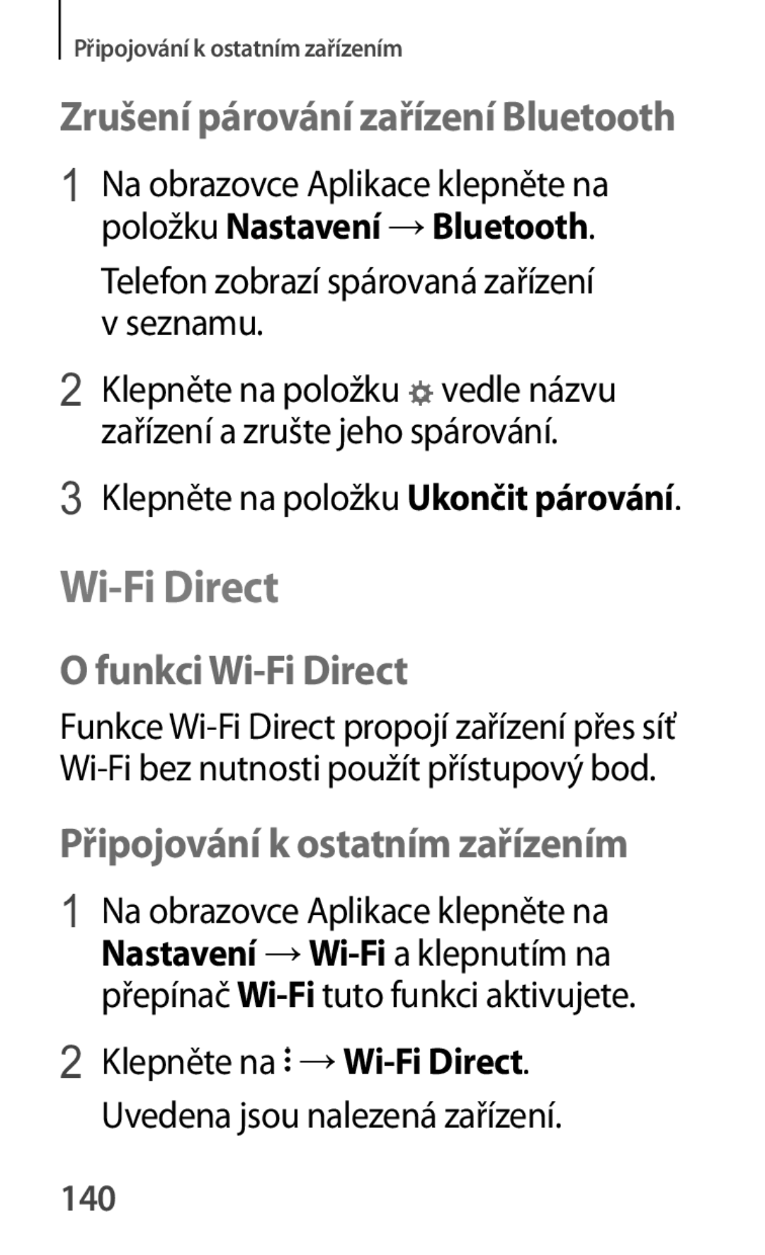 Samsung SM-A500FZKUETL manual Funkci Wi-Fi Direct, Připojování k ostatním zařízením, 140 