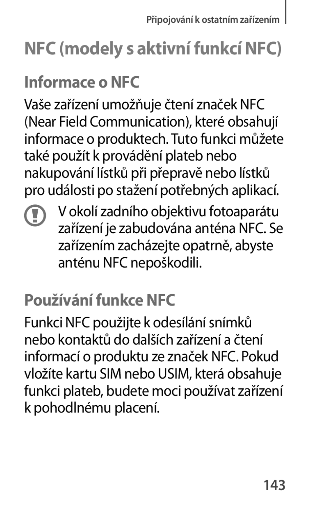 Samsung SM-A500FZKUETL manual Informace o NFC, Používání funkce NFC, 143 