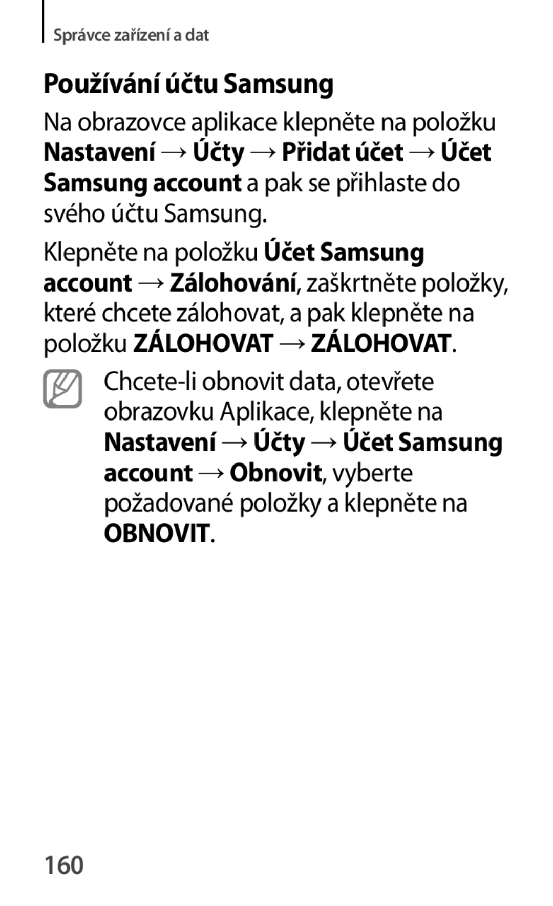 Samsung SM-A500FZKUETL manual Používání účtu Samsung, Klepněte na položku Účet Samsung, 160 