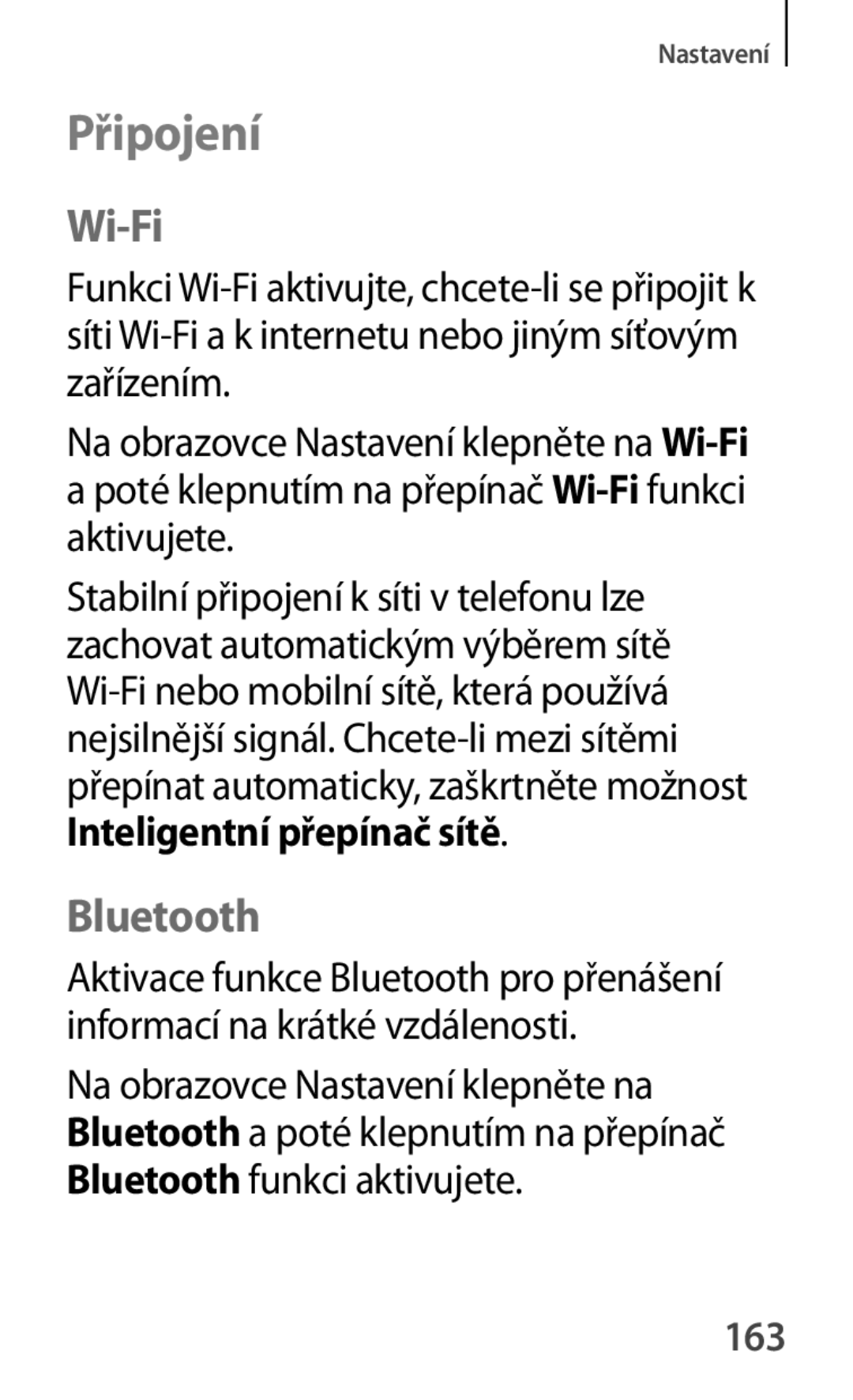 Samsung SM-A500FZKUETL manual Připojení, Wi-Fi, Bluetooth, Inteligentní přepínač sítě, 163 