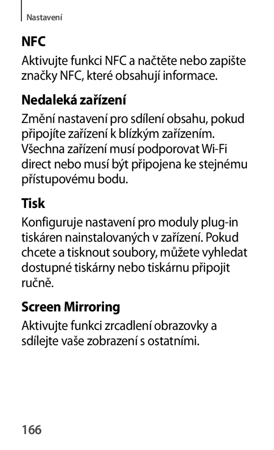 Samsung SM-A500FZKUETL manual Nedaleká zařízení, Tisk, Screen Mirroring, 166 