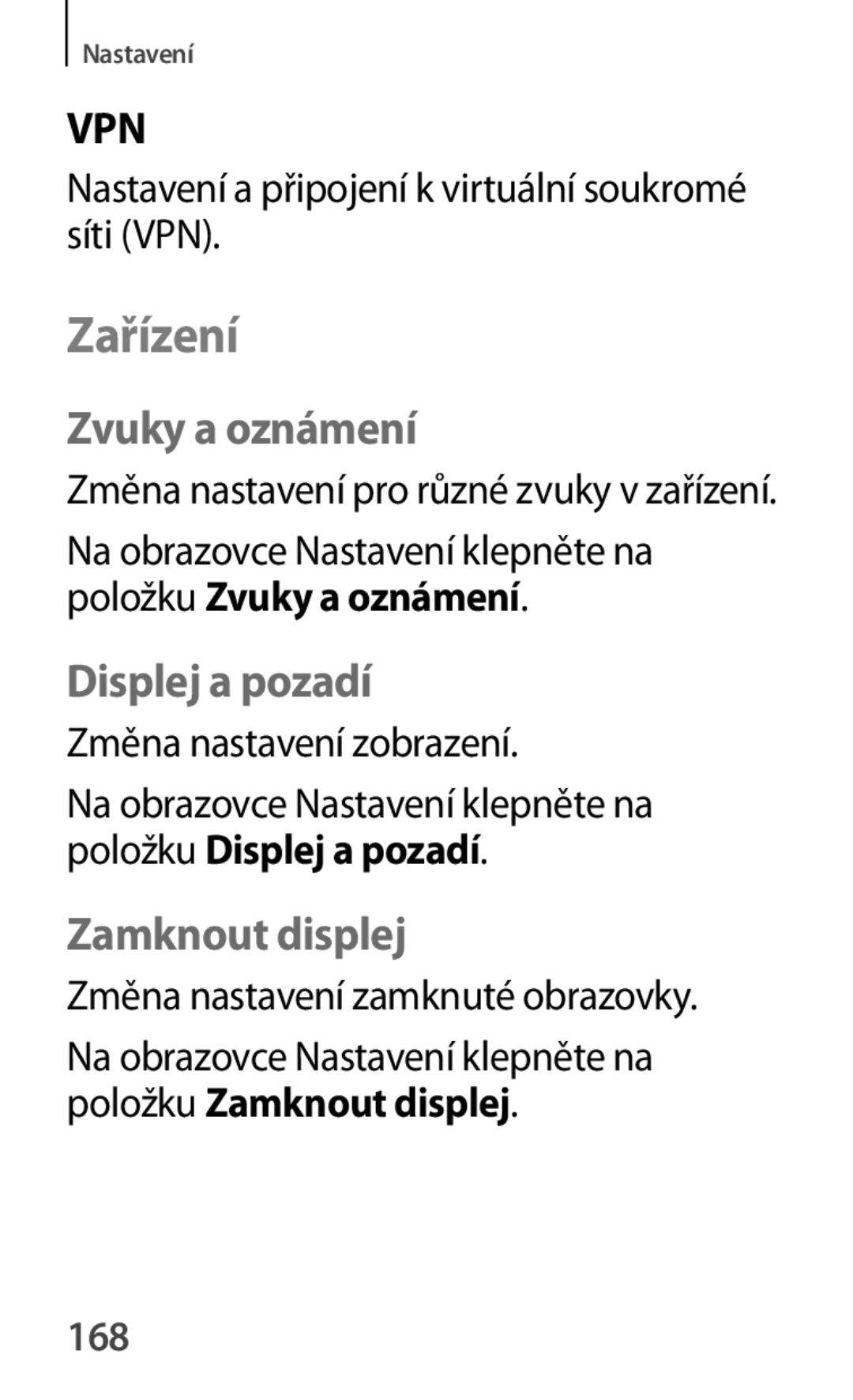 Samsung SM-A500FZKUETL manual Zařízení, Zvuky a oznámení, Displej a pozadí, Zamknout displej, 168 