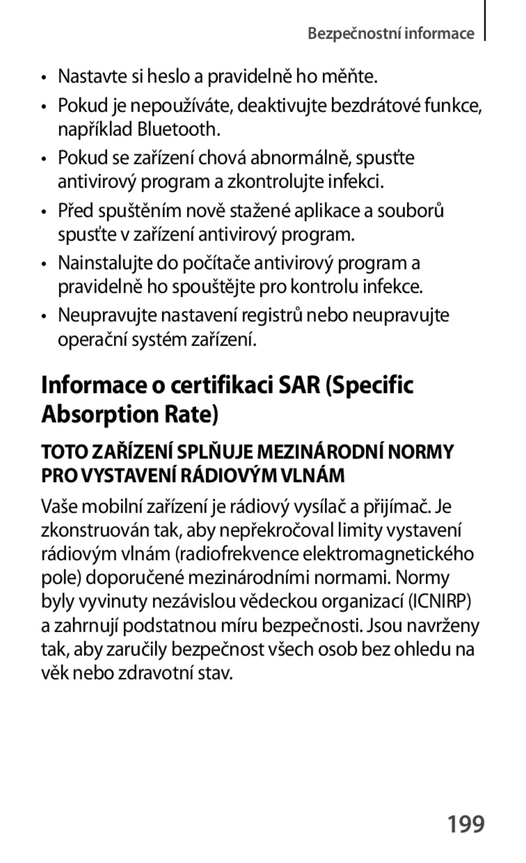 Samsung SM-A500FZKUETL manual Informace o certifikaci SAR Specific Absorption Rate, 199 