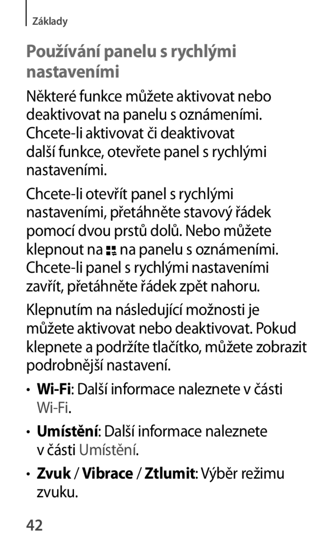 Samsung SM-A500FZKUETL manual Používání panelu s rychlými nastaveními, Zvuk / Vibrace / Ztlumit Výběr režimu zvuku 