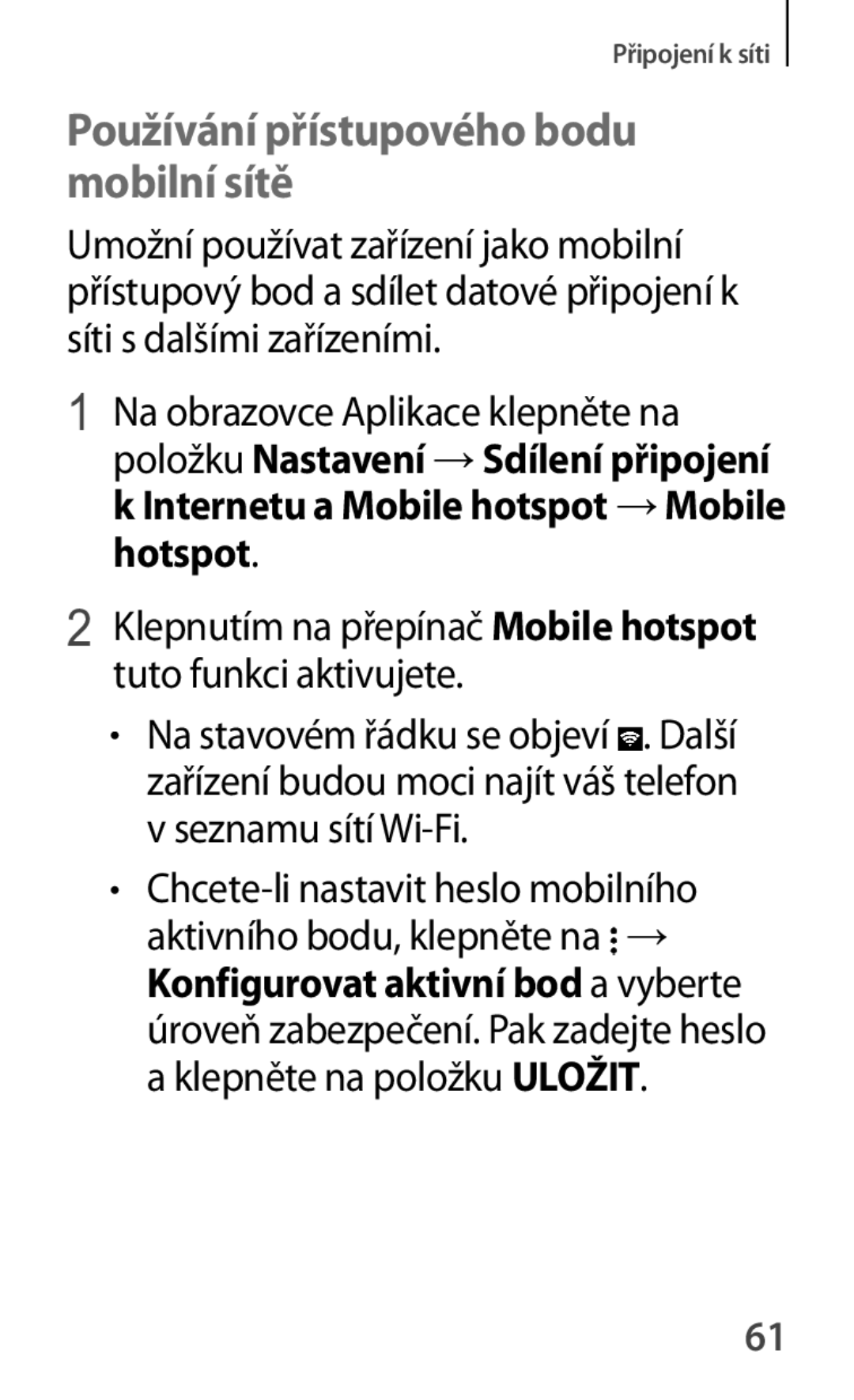 Samsung SM-A500FZKUETL manual Používání přístupového bodu mobilní sítě, Chcete-li nastavit heslo mobilního 