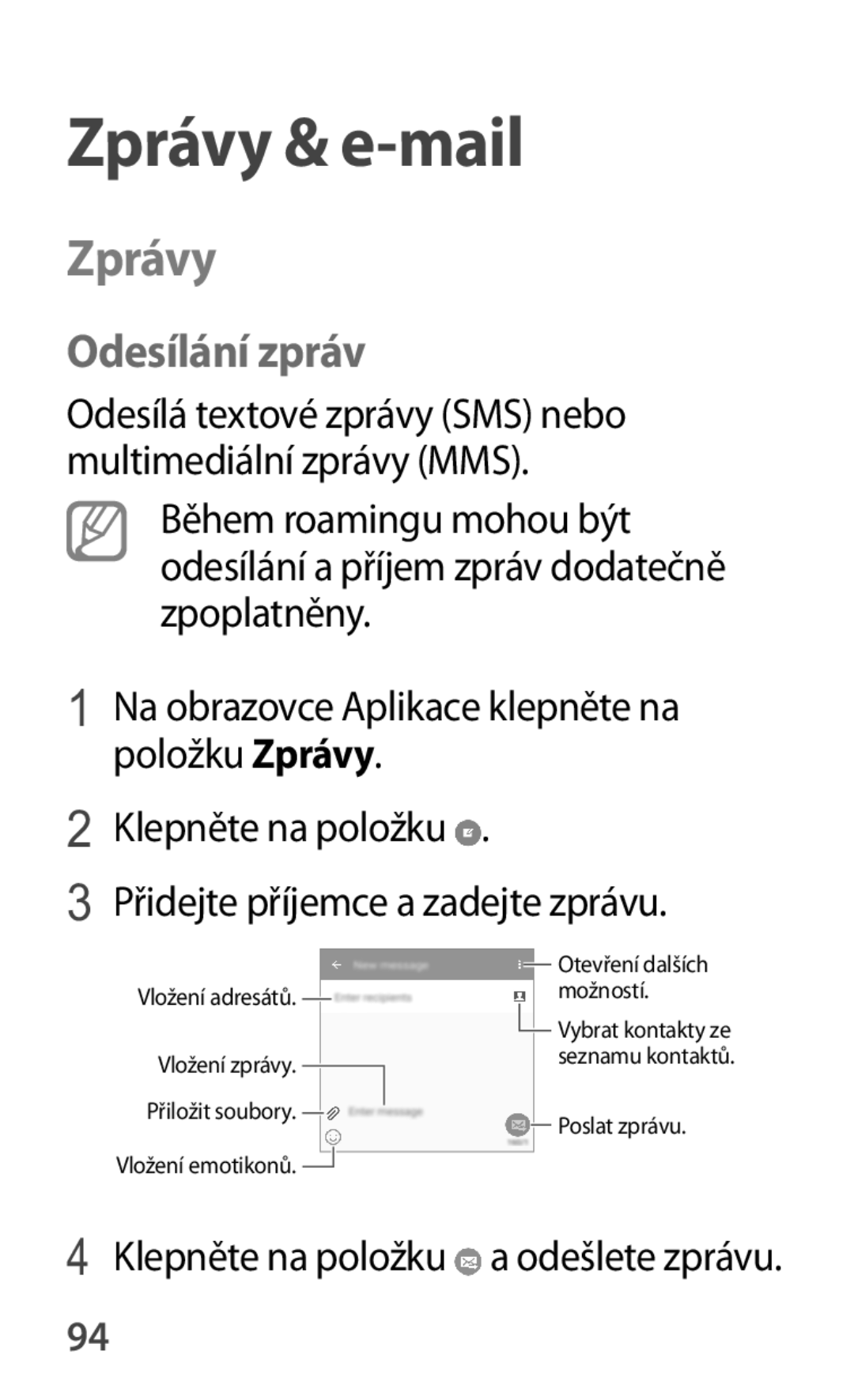 Samsung SM-A500FZKUETL manual Zprávy, Odesílání zpráv 