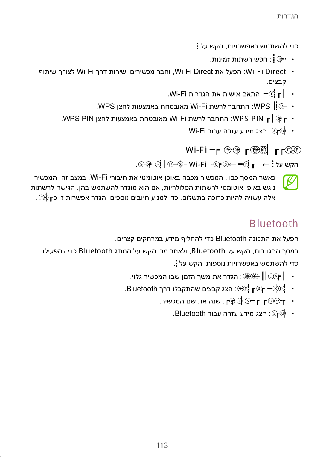 Samsung SM-A500FZDAPTR, SM-A500FZWACEL Bluetooth, Wi-Fi לש הניש תוינידמ תרדגה, הניש בצמב ליעפ Wi-Fi ראשה ← םדקתמ ← לע שקה 