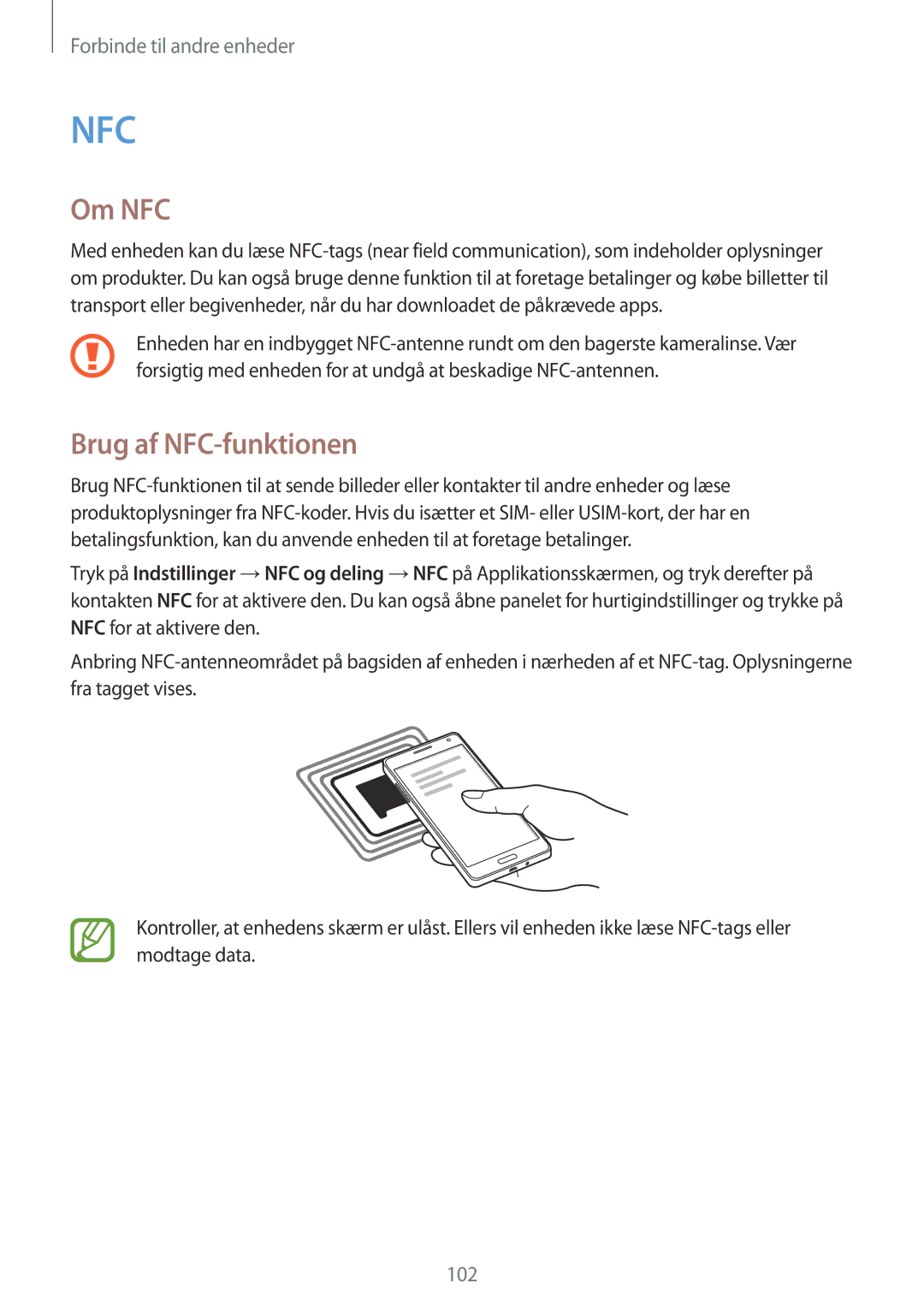 Samsung SM-A500FZWUNEE manual Om NFC, Brug af NFC-funktionen 