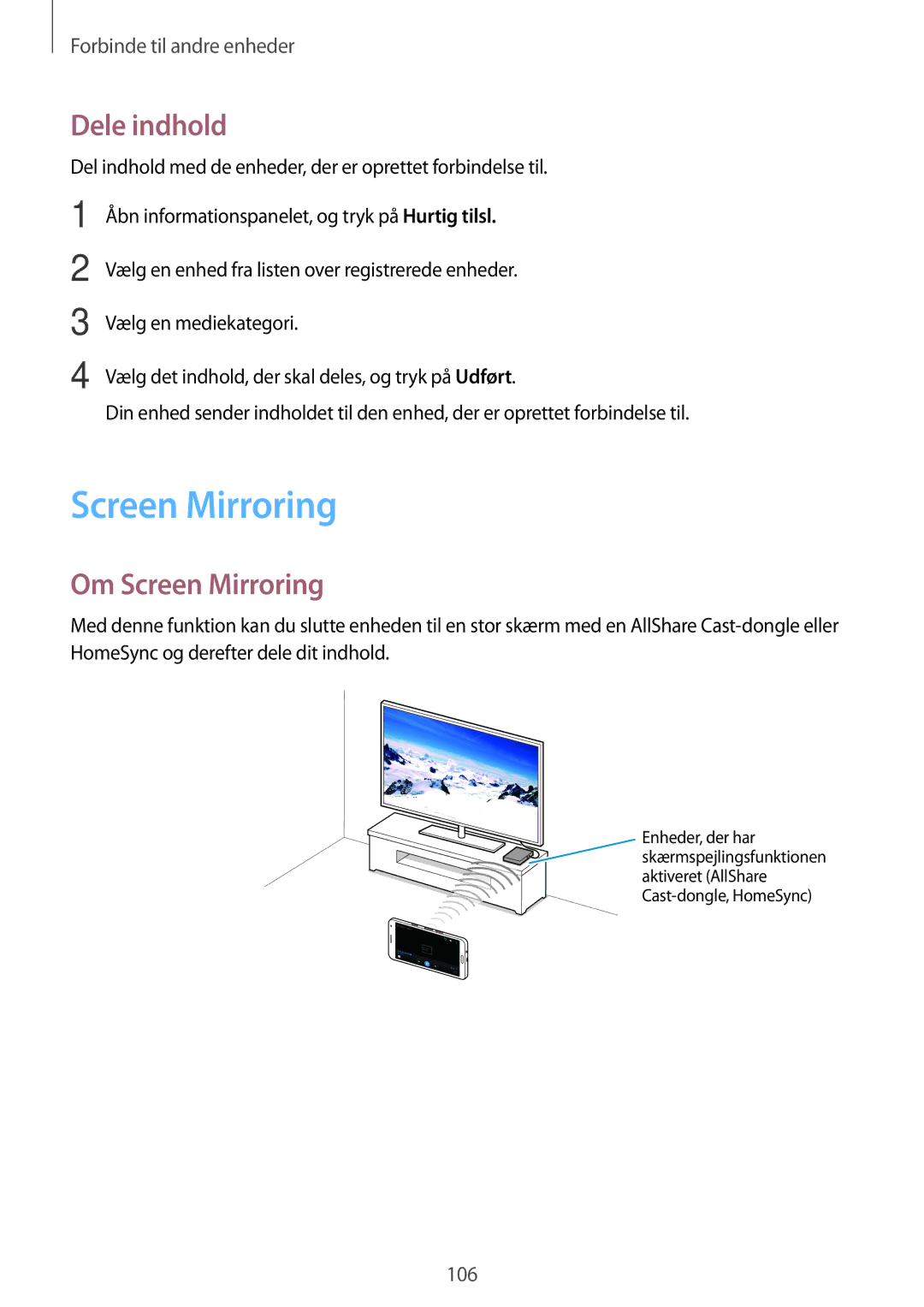 Samsung SM-A500FZWUNEE manual Dele indhold, Om Screen Mirroring 