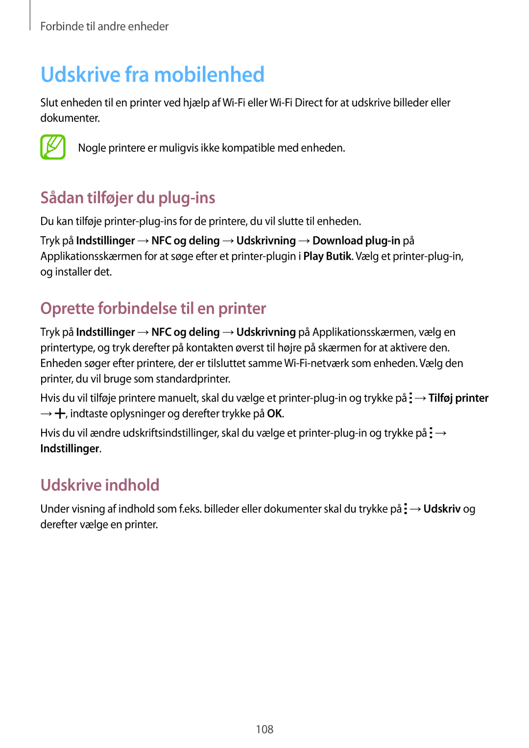 Samsung SM-A500FZWUNEE manual Udskrive fra mobilenhed, Sådan tilføjer du plug-ins, Oprette forbindelse til en printer 