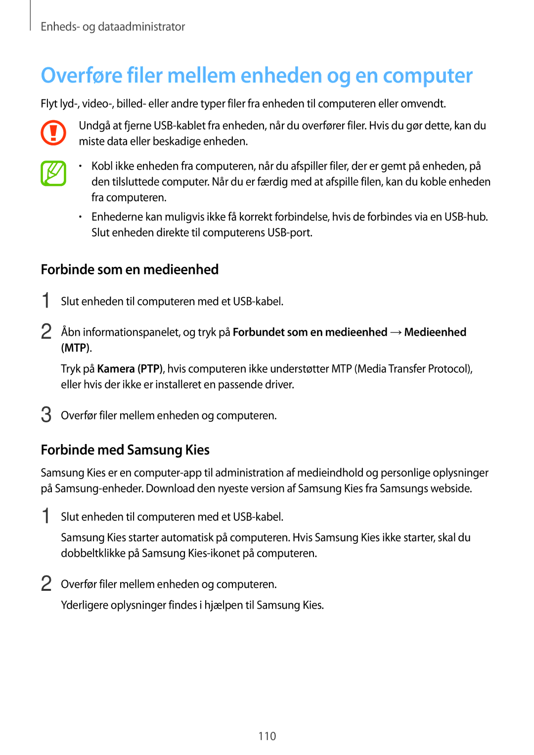 Samsung SM-A500FZWUNEE manual Forbinde som en medieenhed, Forbinde med Samsung Kies 