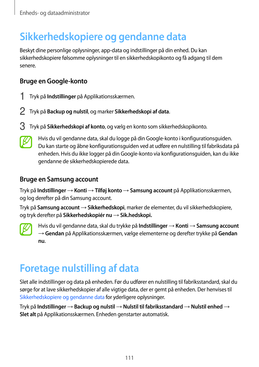 Samsung SM-A500FZWUNEE manual Sikkerhedskopiere og gendanne data, Foretage nulstilling af data, Bruge en Google-konto 