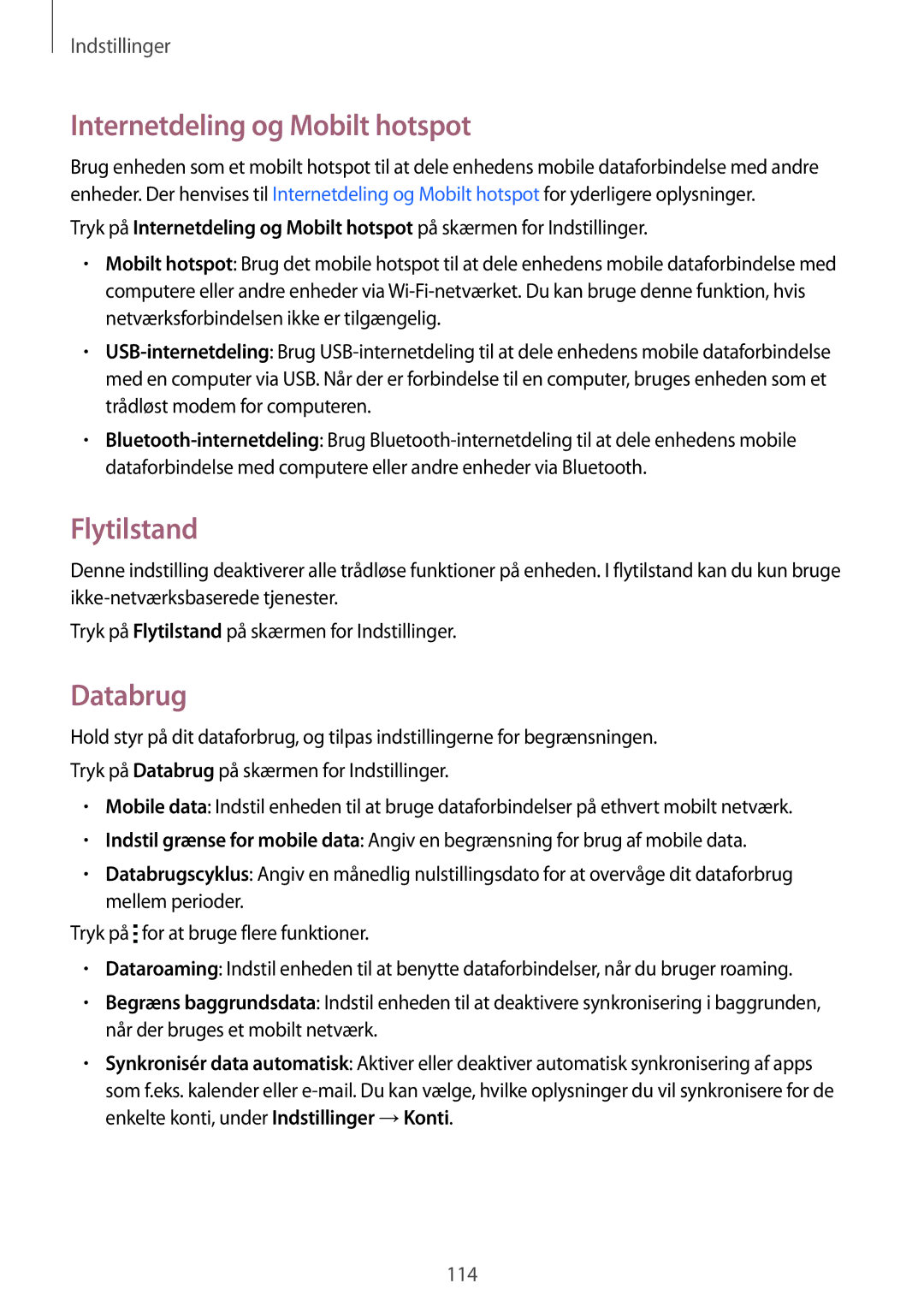 Samsung SM-A500FZWUNEE manual Internetdeling og Mobilt hotspot, Flytilstand, Databrug 