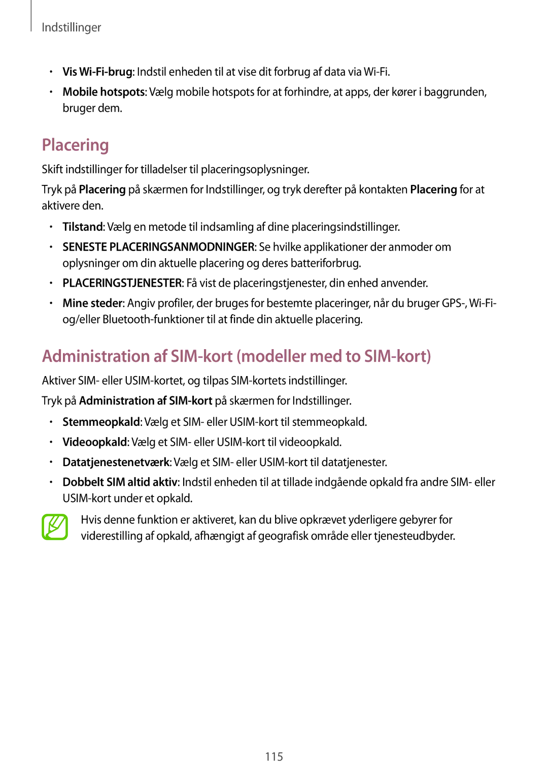 Samsung SM-A500FZWUNEE manual Placering, Administration af SIM-kort modeller med to SIM-kort 