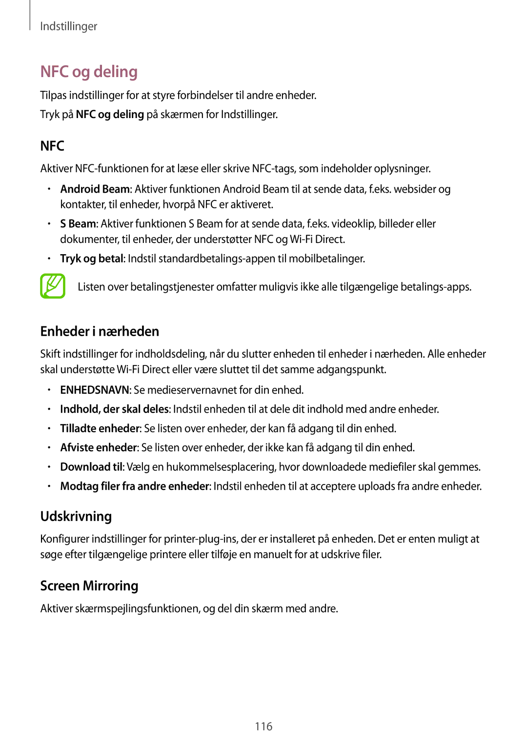 Samsung SM-A500FZWUNEE manual NFC og deling, Enheder i nærheden, Udskrivning, Screen Mirroring 