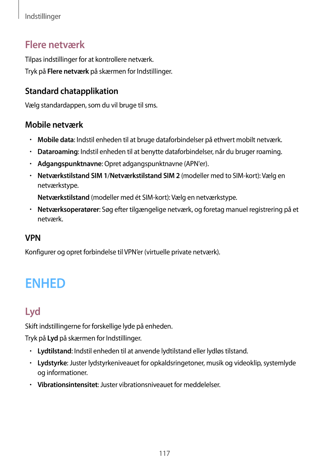 Samsung SM-A500FZWUNEE manual Flere netværk, Lyd, Standard chatapplikation, Mobile netværk 