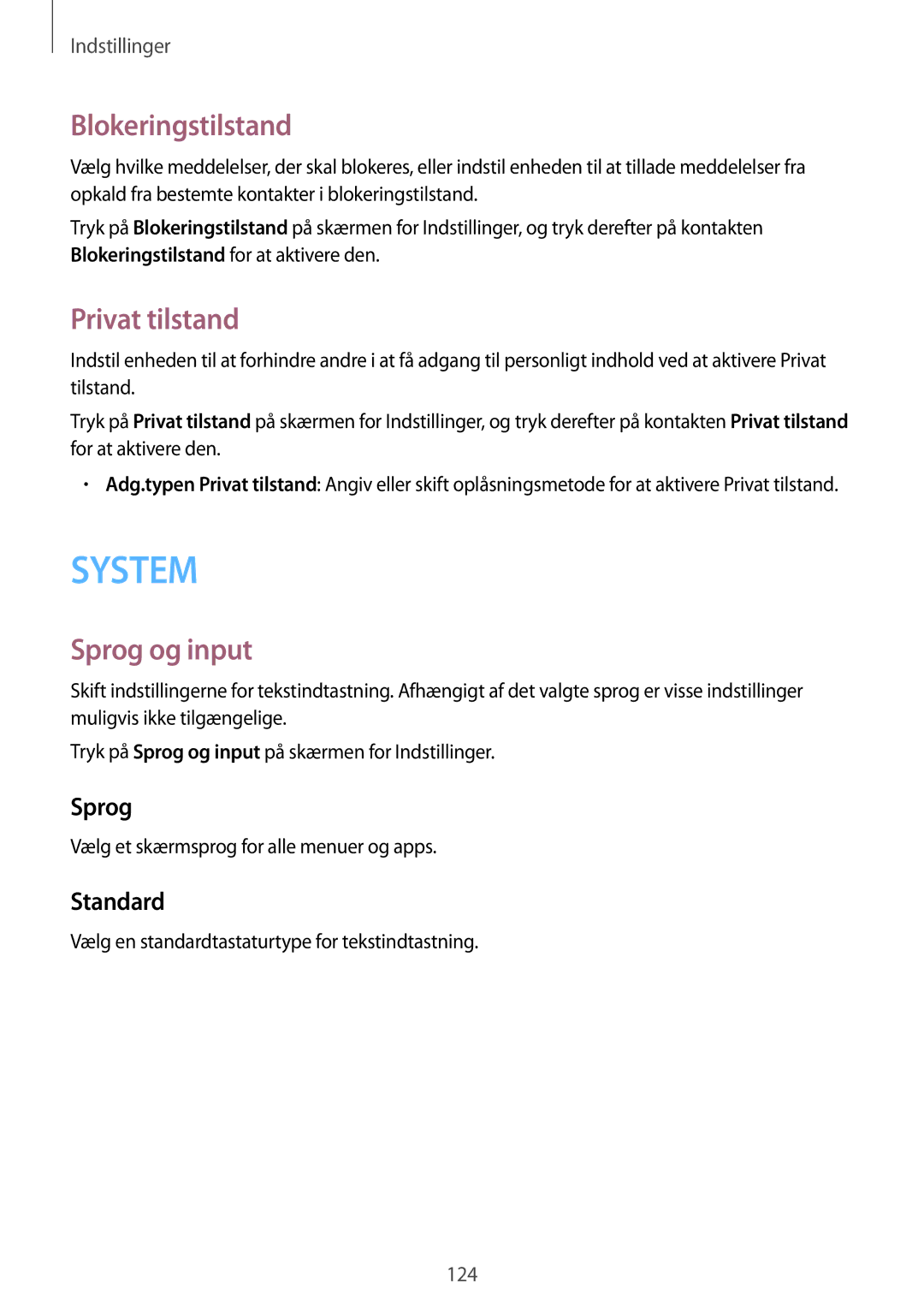 Samsung SM-A500FZWUNEE manual Blokeringstilstand, Privat tilstand, Sprog og input, Standard 