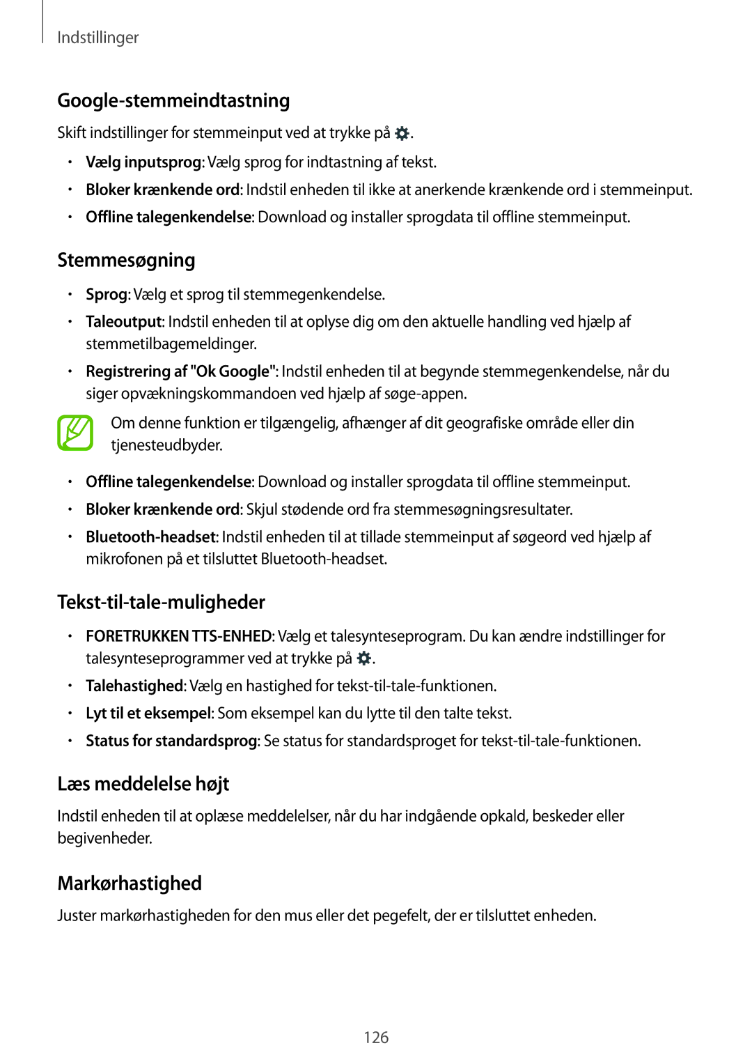 Samsung SM-A500FZWUNEE manual Google-stemmeindtastning, Stemmesøgning, Tekst-til-tale-muligheder, Læs meddelelse højt 