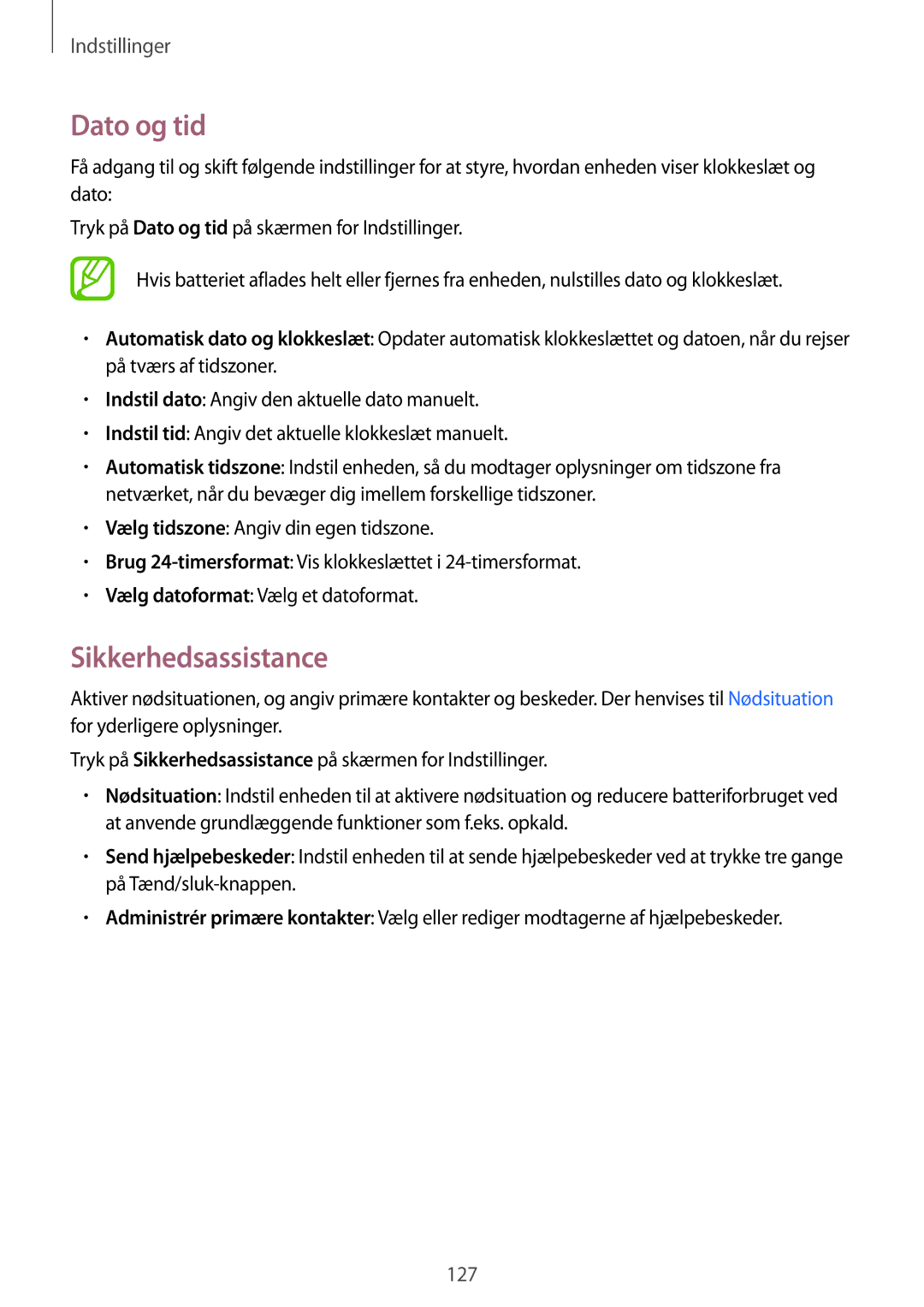 Samsung SM-A500FZWUNEE manual Dato og tid, Sikkerhedsassistance 