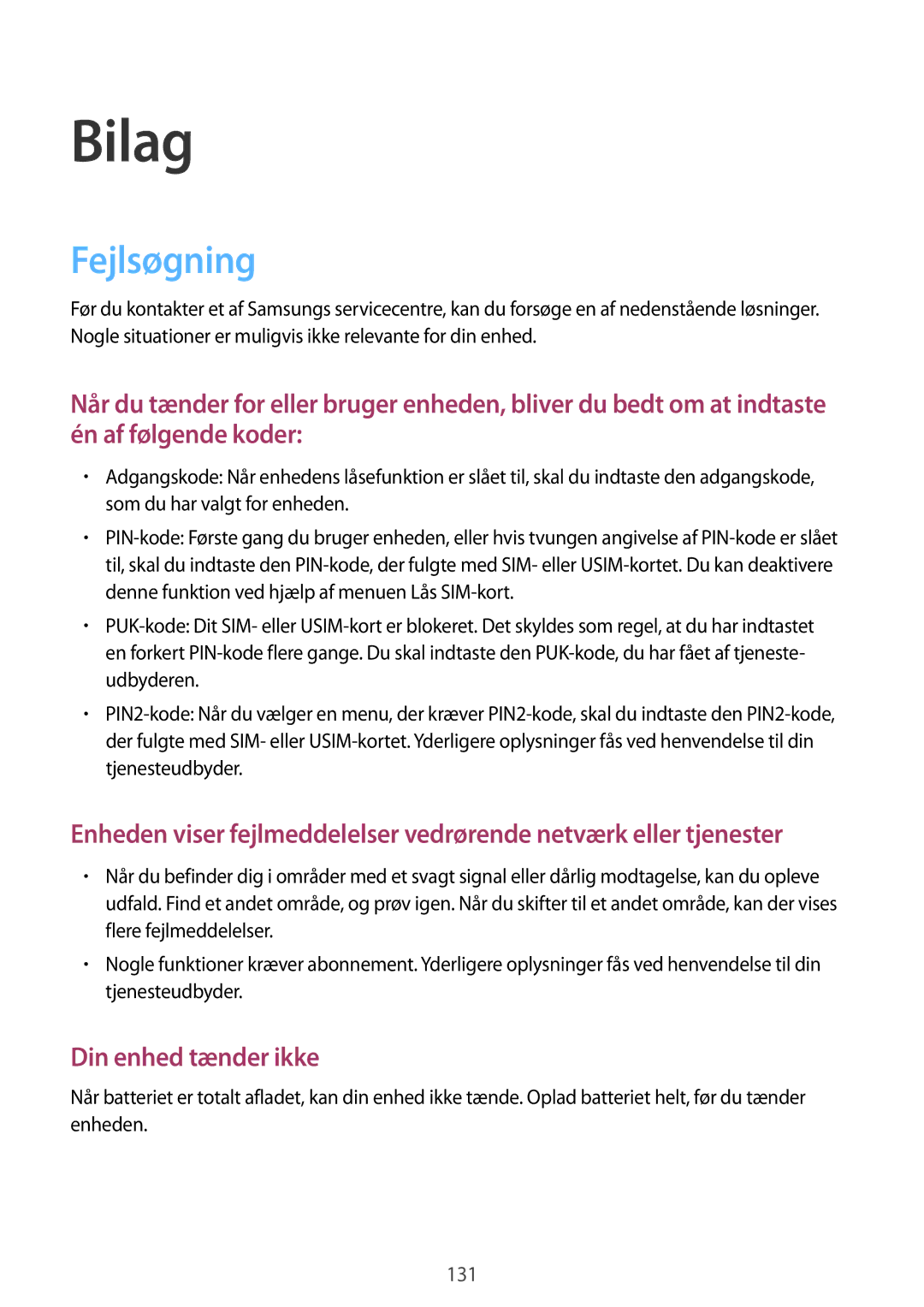 Samsung SM-A500FZWUNEE manual Bilag, Fejlsøgning 