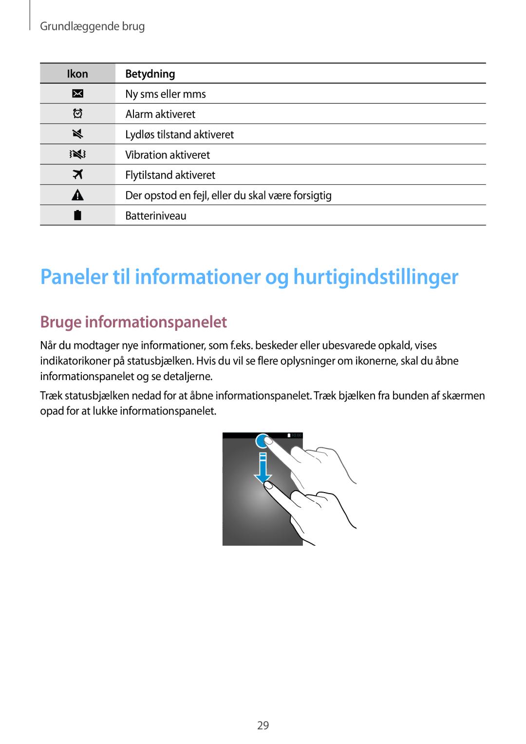 Samsung SM-A500FZWUNEE manual Paneler til informationer og hurtigindstillinger, Bruge informationspanelet 