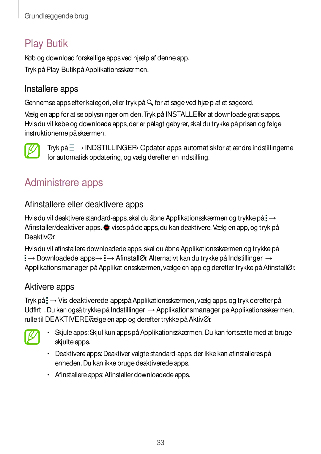 Samsung SM-A500FZWUNEE manual Play Butik, Administrere apps, Afinstallere eller deaktivere apps, Aktivere apps 