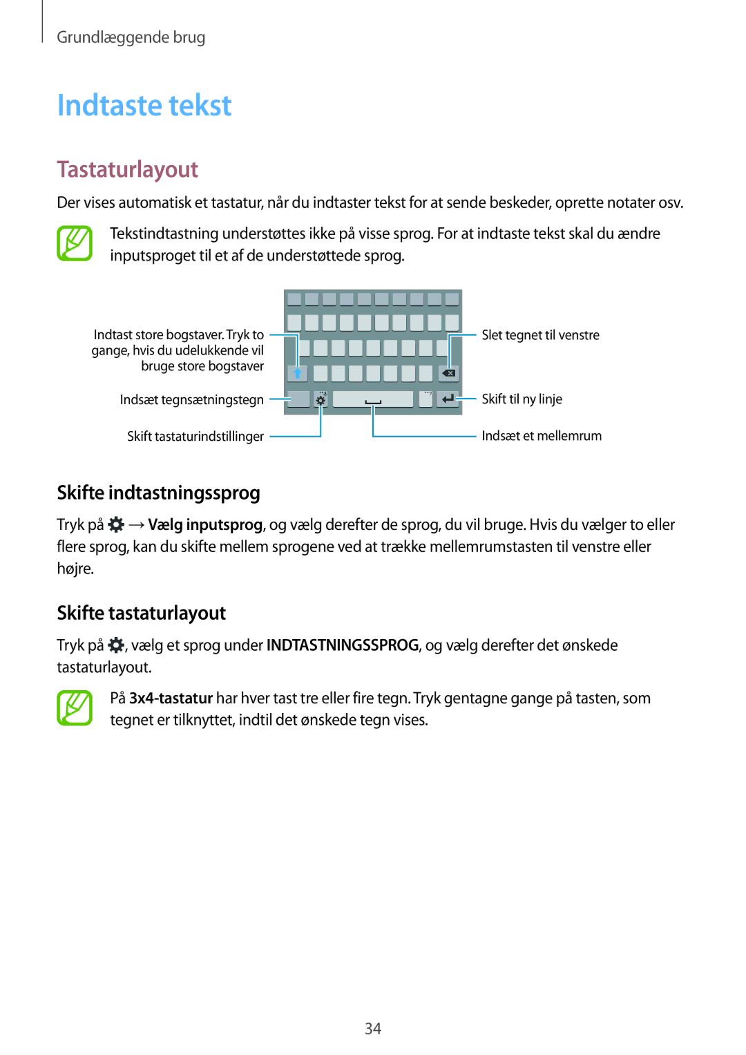 Samsung SM-A500FZWUNEE manual Indtaste tekst, Tastaturlayout, Skifte indtastningssprog, Skifte tastaturlayout 