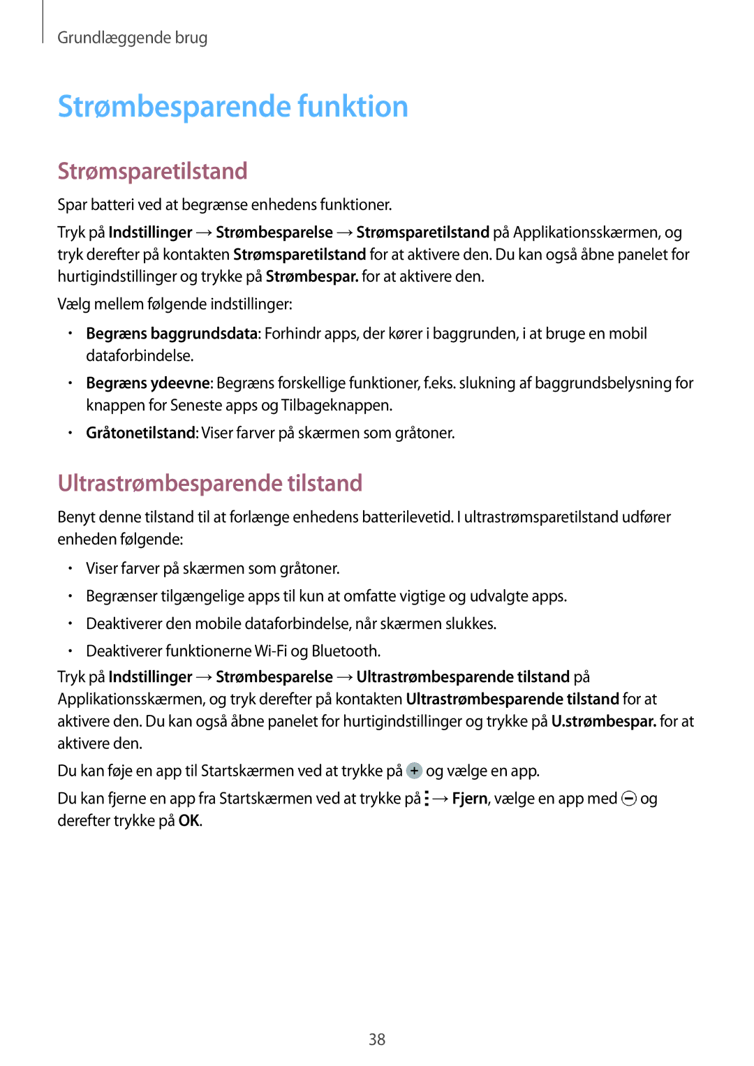 Samsung SM-A500FZWUNEE manual Strømbesparende funktion, Strømsparetilstand, Ultrastrømbesparende tilstand 