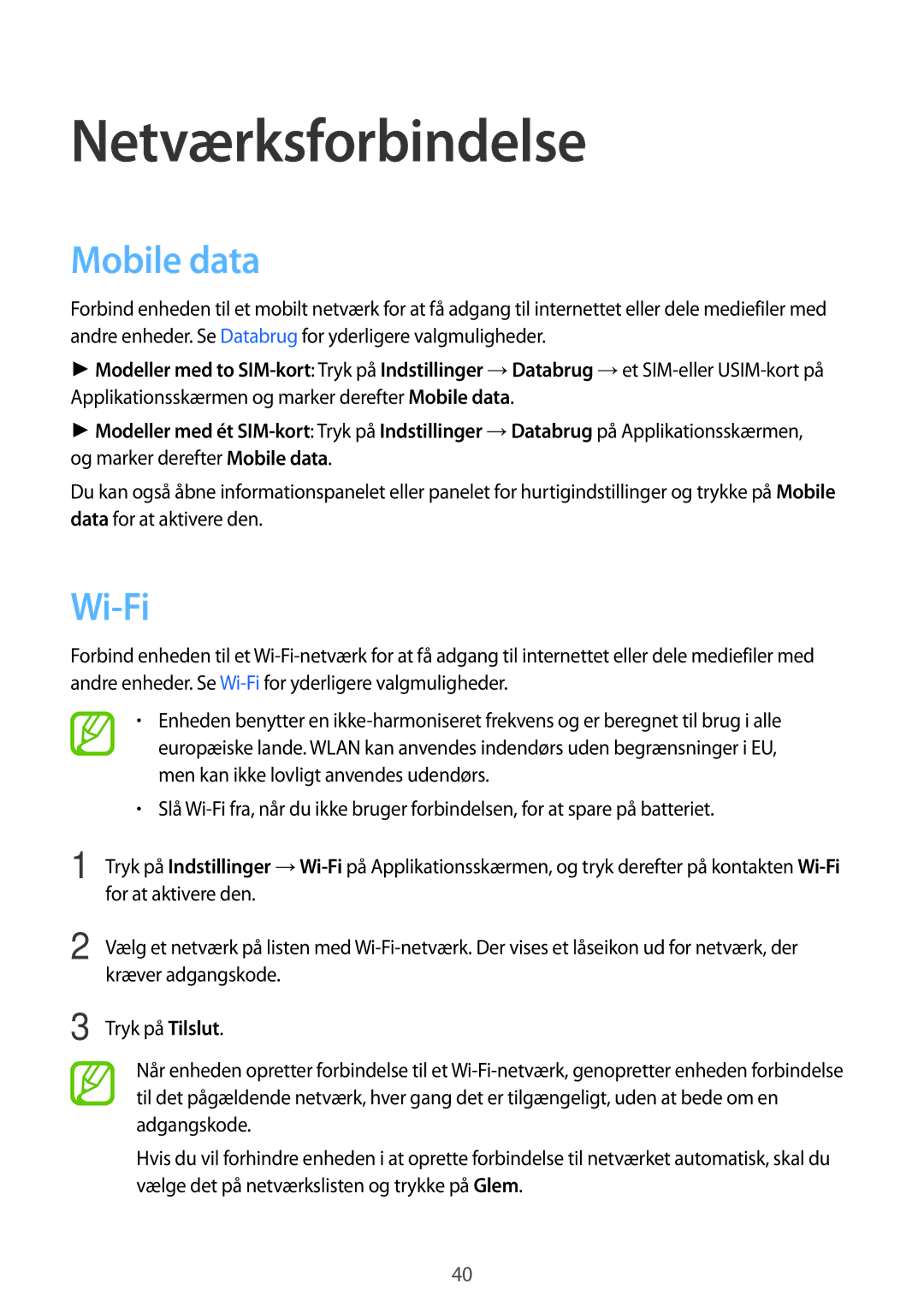 Samsung SM-A500FZWUNEE manual Netværksforbindelse, Mobile data, Wi-Fi 