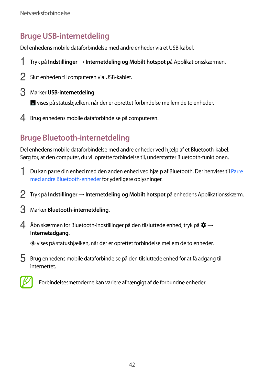 Samsung SM-A500FZWUNEE manual Bruge USB-internetdeling, Bruge Bluetooth-internetdeling, Marker USB-internetdeling 