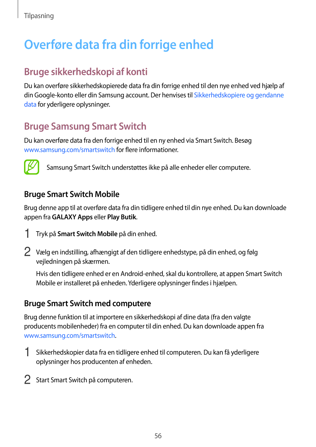 Samsung SM-A500FZWUNEE Overføre data fra din forrige enhed, Bruge sikkerhedskopi af konti, Bruge Samsung Smart Switch 