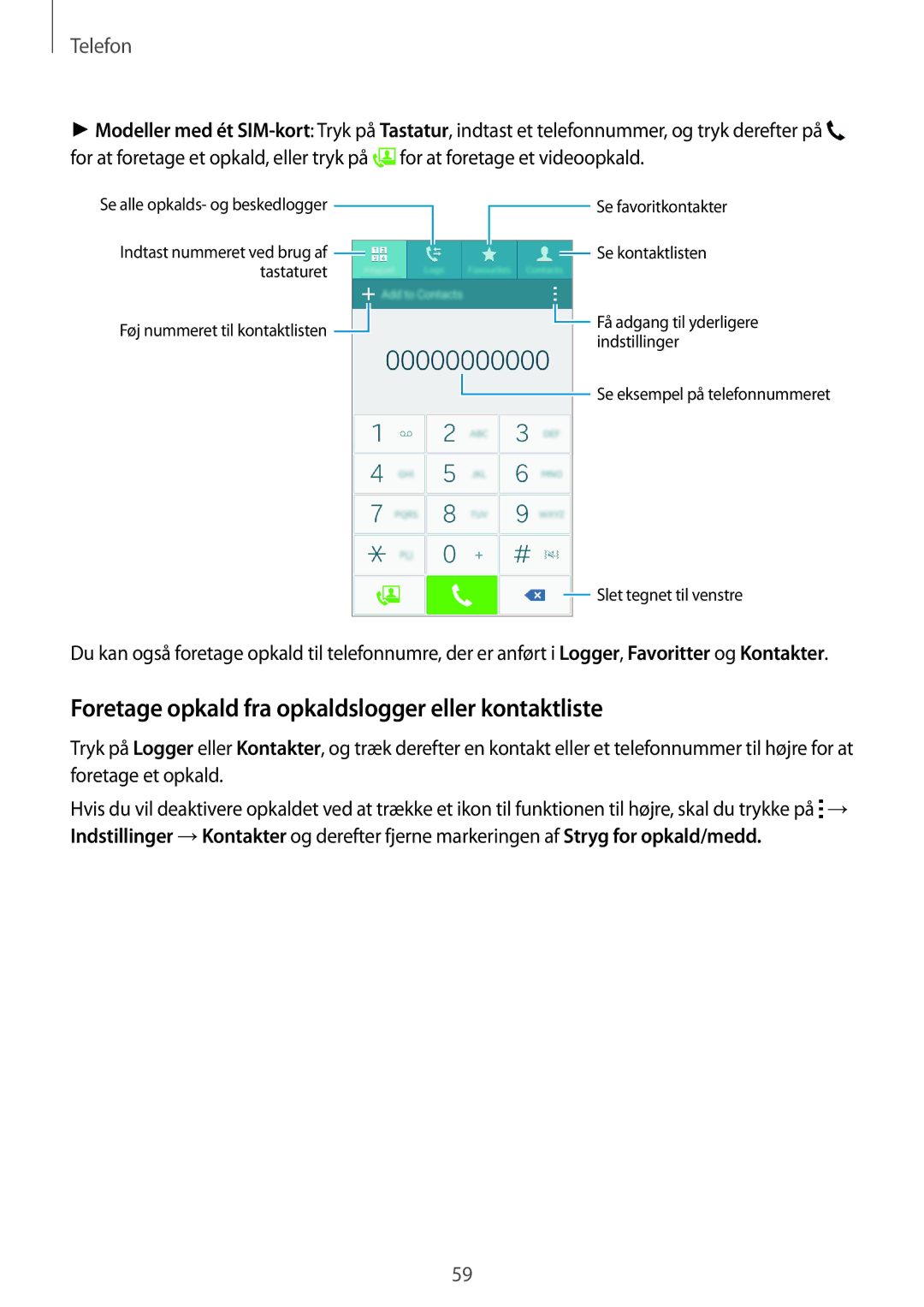 Samsung SM-A500FZWUNEE manual Foretage opkald fra opkaldslogger eller kontaktliste, Telefon 