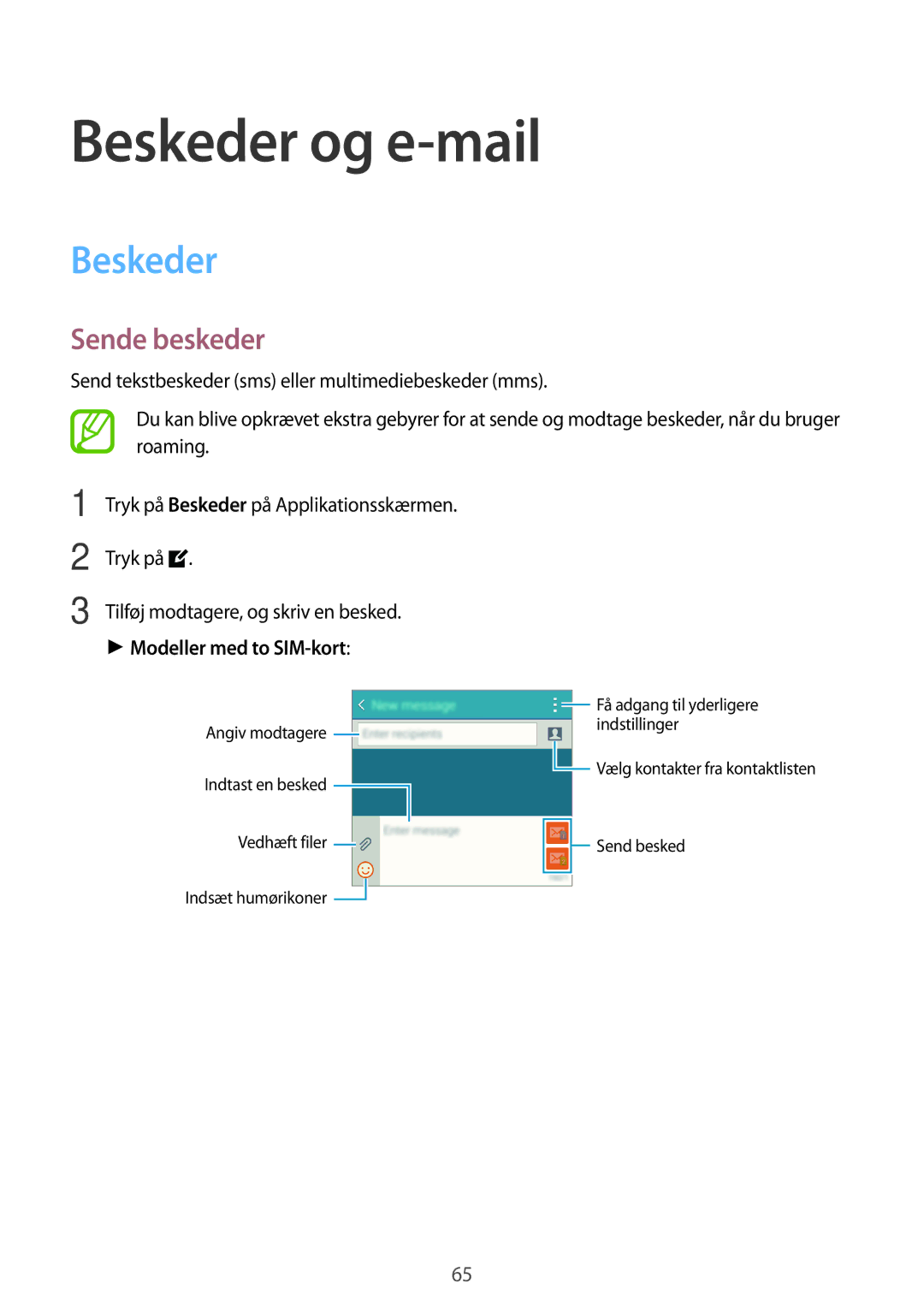 Samsung SM-A500FZWUNEE manual Beskeder og e-mail, Sende beskeder, Modeller med to SIM-kort 