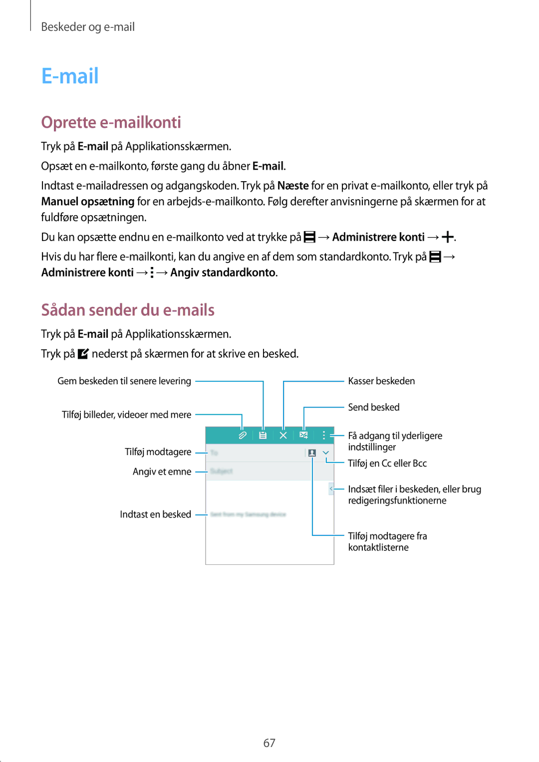 Samsung SM-A500FZWUNEE manual Mail, Oprette e-mailkonti, Sådan sender du e-mails 