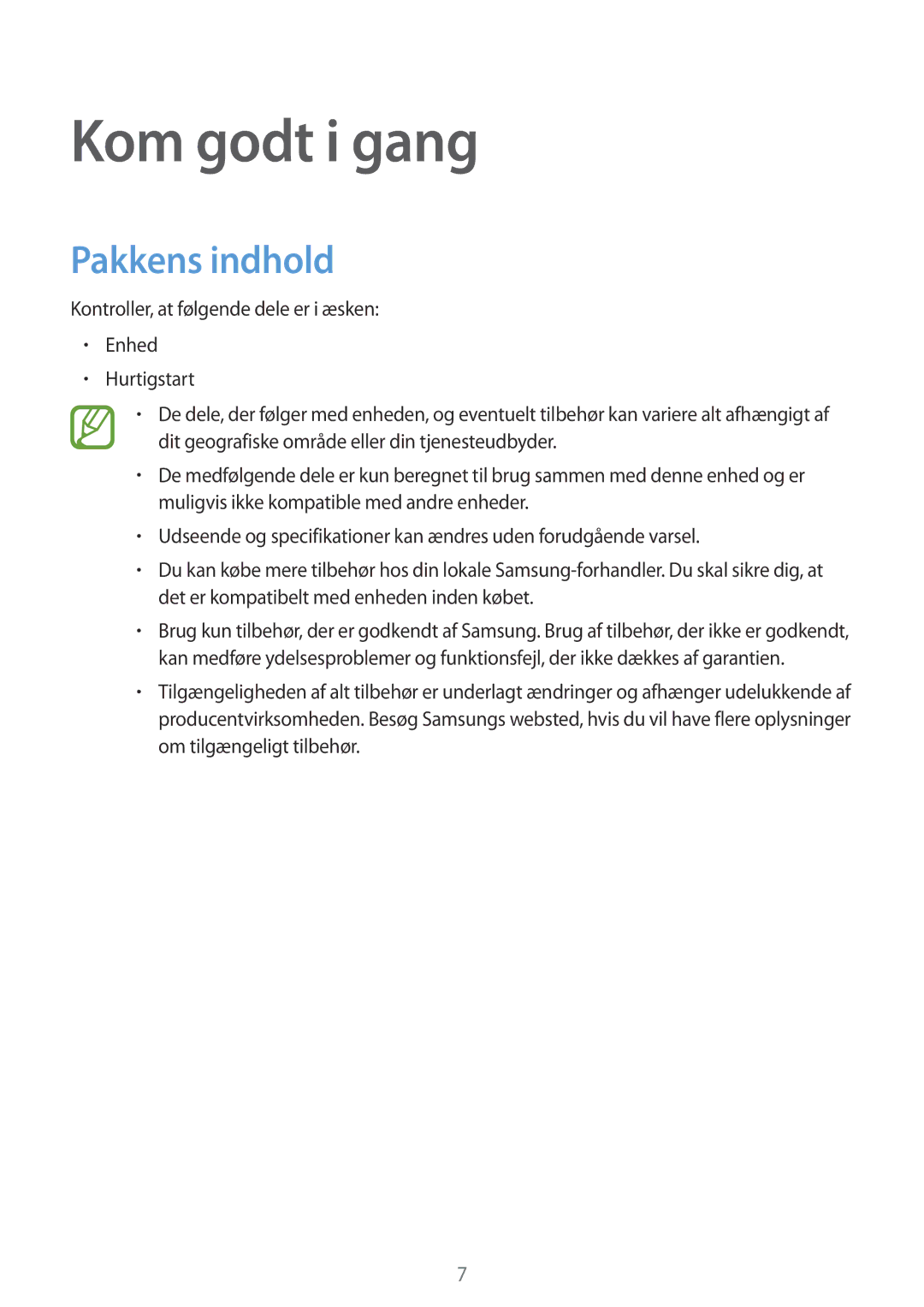 Samsung SM-A500FZWUNEE manual Kom godt i gang, Pakkens indhold 