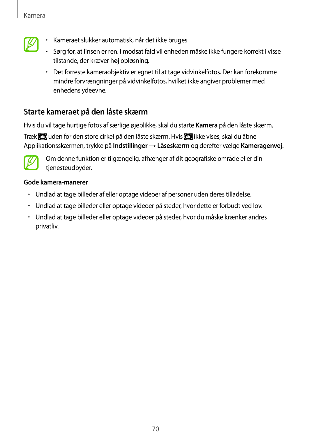 Samsung SM-A500FZWUNEE manual Starte kameraet på den låste skærm, Gode kamera-manerer 