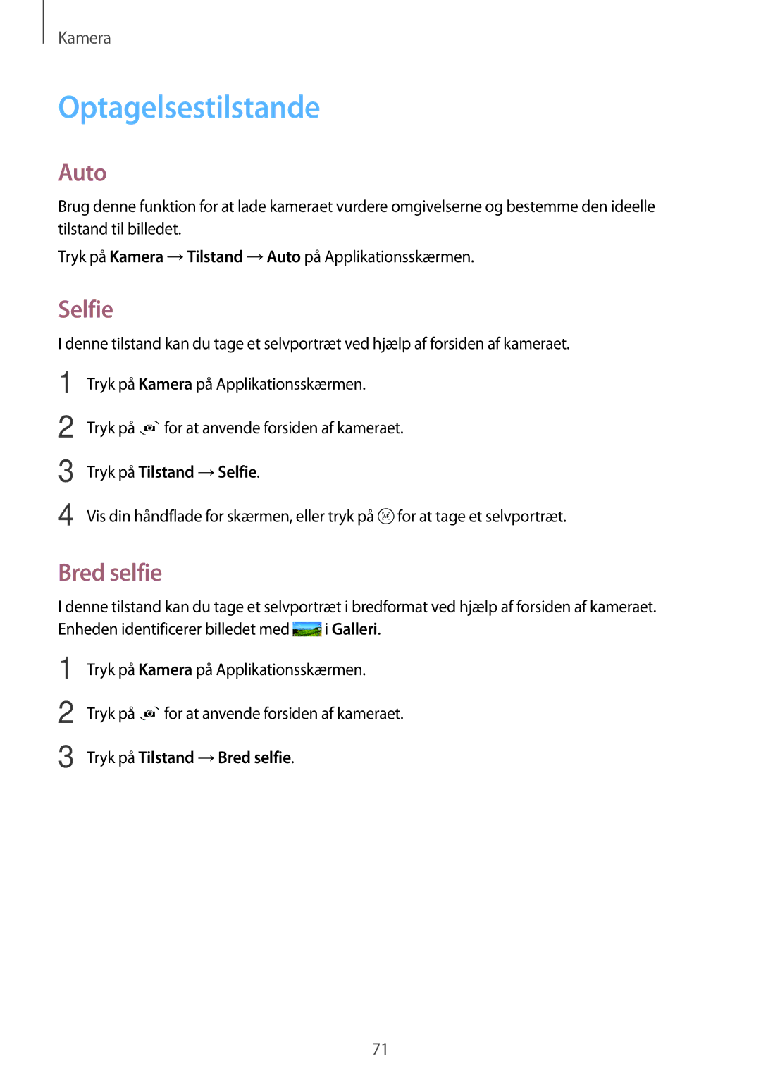 Samsung SM-A500FZWUNEE manual Optagelsestilstande, Auto, Selfie, Bred selfie 