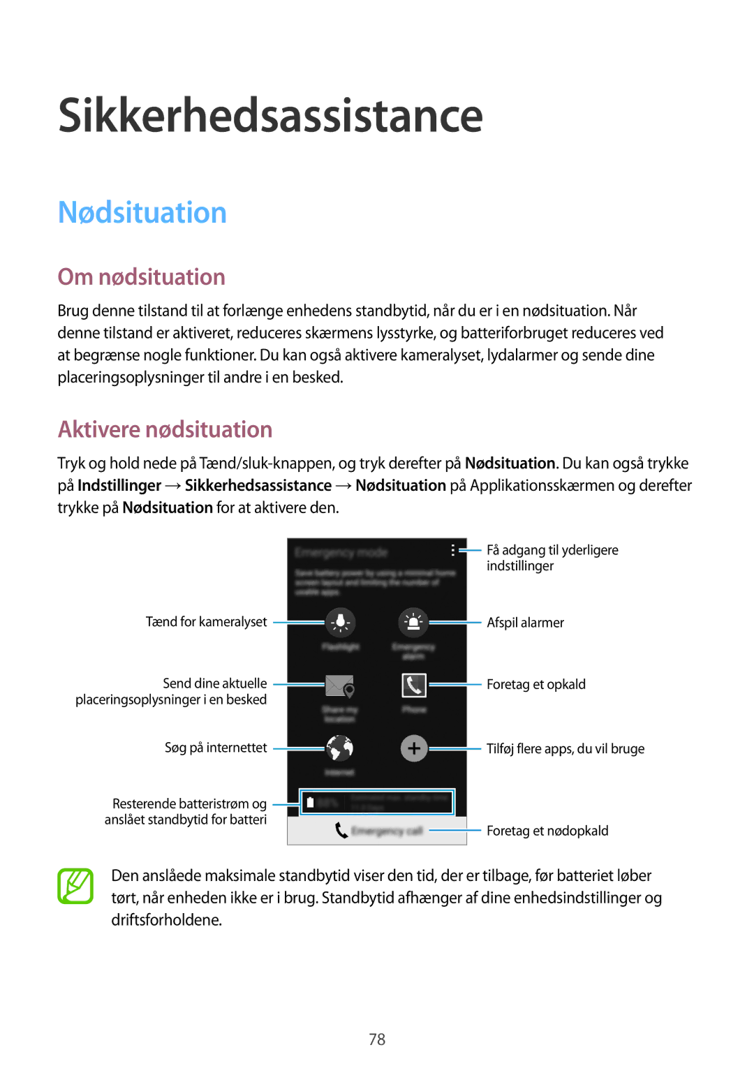 Samsung SM-A500FZWUNEE manual Sikkerhedsassistance, Nødsituation, Om nødsituation, Aktivere nødsituation 