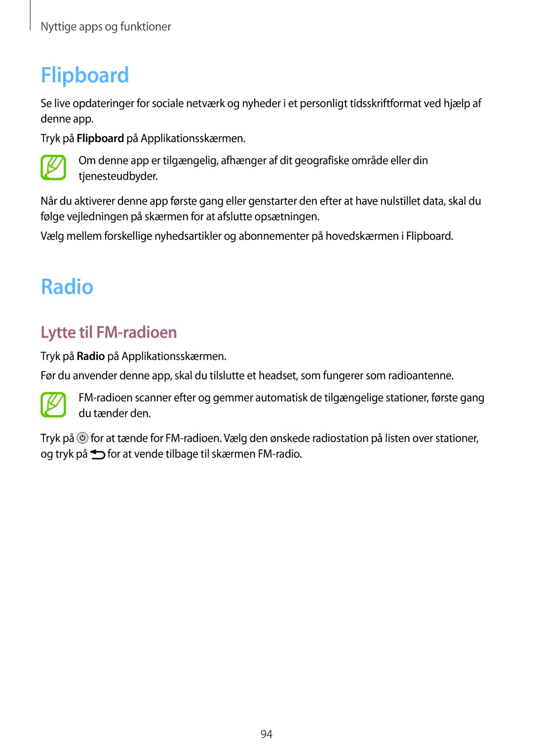 Samsung SM-A500FZWUNEE manual Flipboard, Radio, Lytte til FM-radioen 