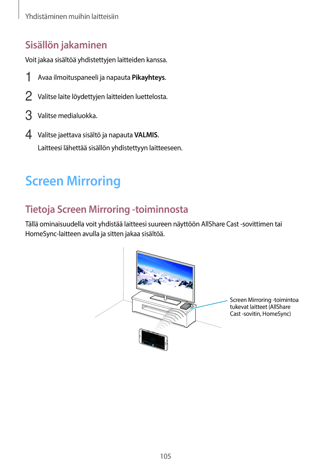 Samsung SM-A500FZWUNEE manual Sisällön jakaminen, Tietoja Screen Mirroring -toiminnosta 