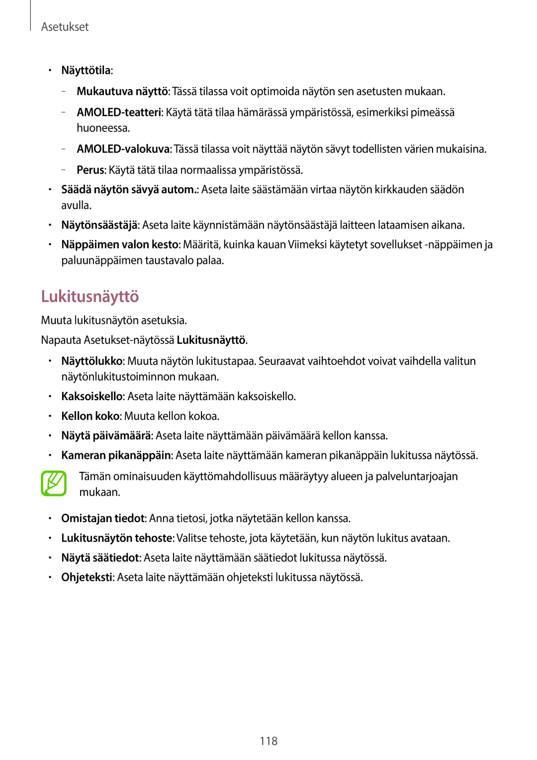 Samsung SM-A500FZWUNEE manual Lukitusnäyttö, Näyttötila 