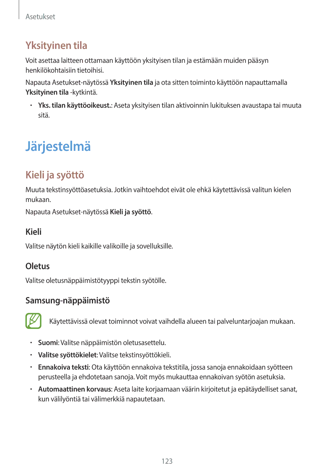 Samsung SM-A500FZWUNEE manual Järjestelmä, Yksityinen tila, Kieli ja syöttö 