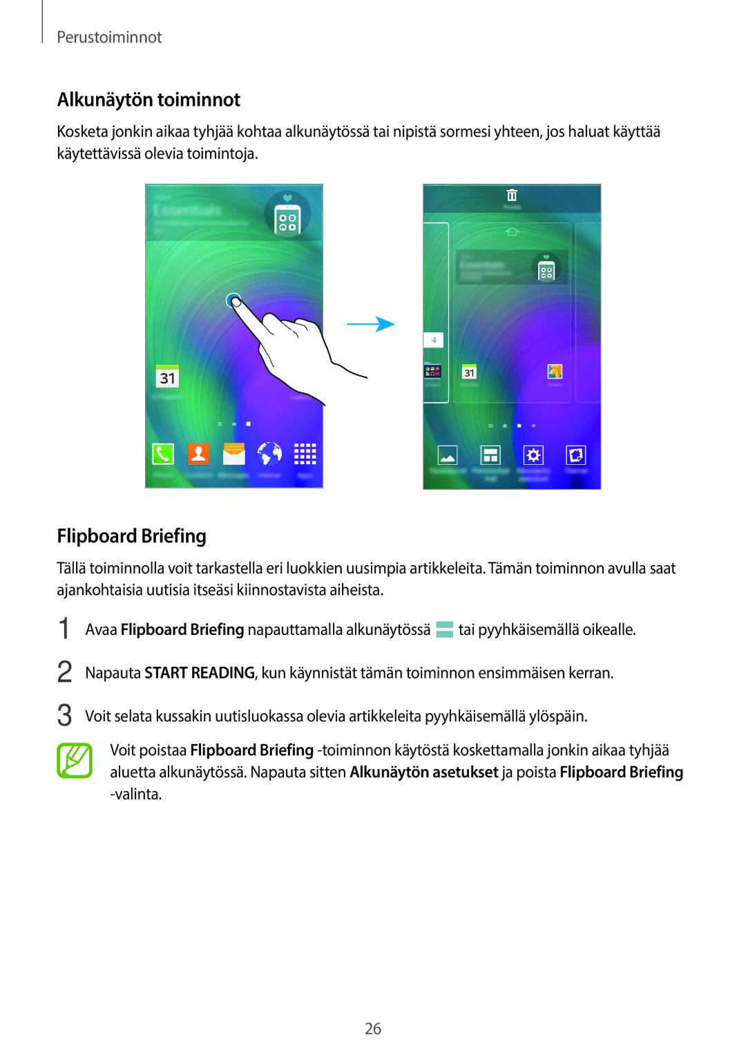 Samsung SM-A500FZWUNEE manual Alkunäytön toiminnot, Flipboard Briefing 