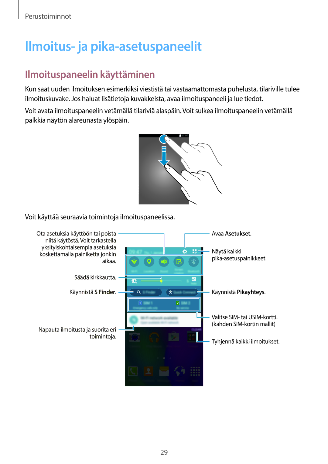 Samsung SM-A500FZWUNEE manual Ilmoitus- ja pika-asetuspaneelit, Ilmoituspaneelin käyttäminen 