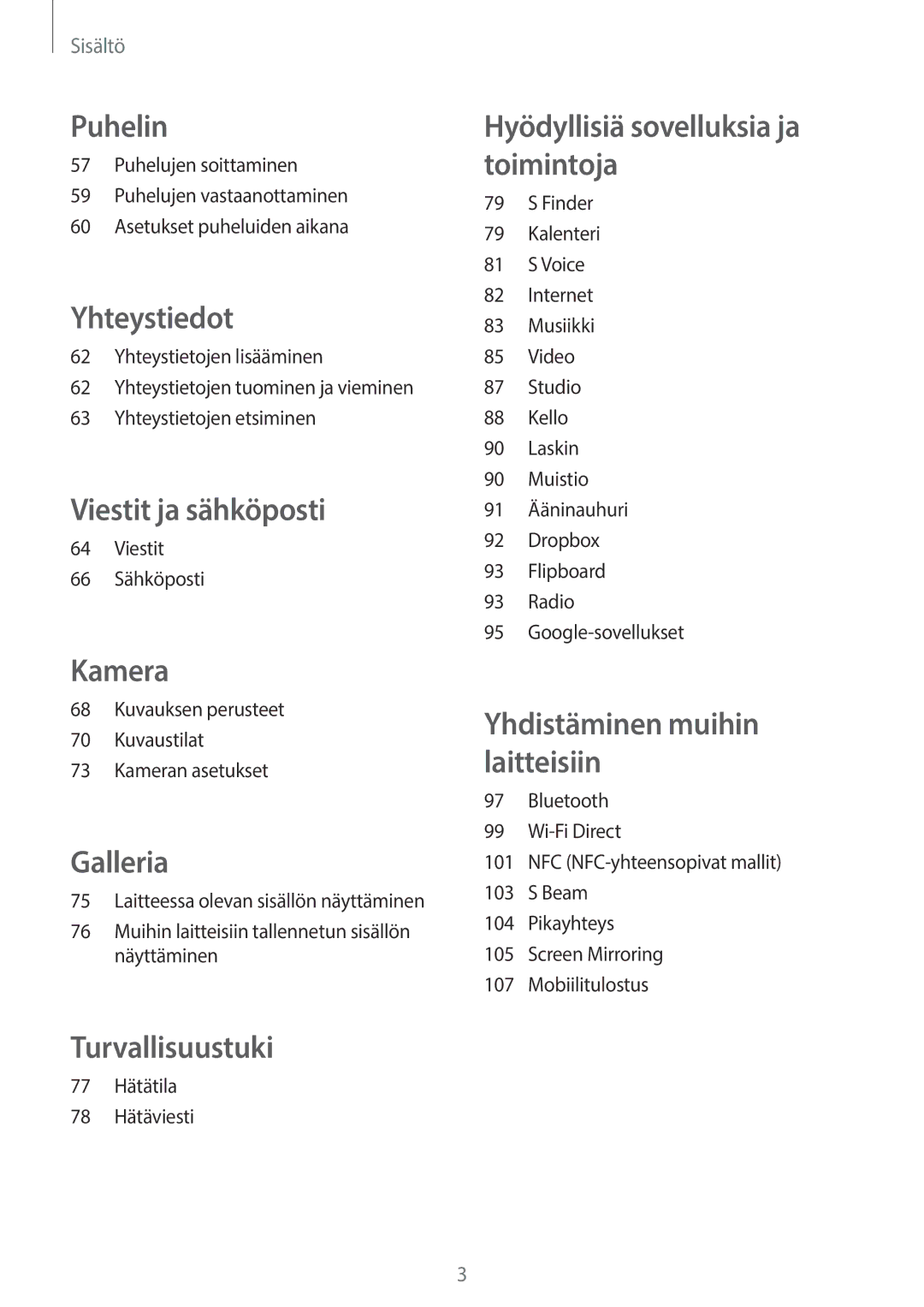 Samsung SM-A500FZWUNEE Viestit 66 Sähköposti, Kuvauksen perusteet Kuvaustilat Kameran asetukset, 77 Hätätila 78 Hätäviesti 