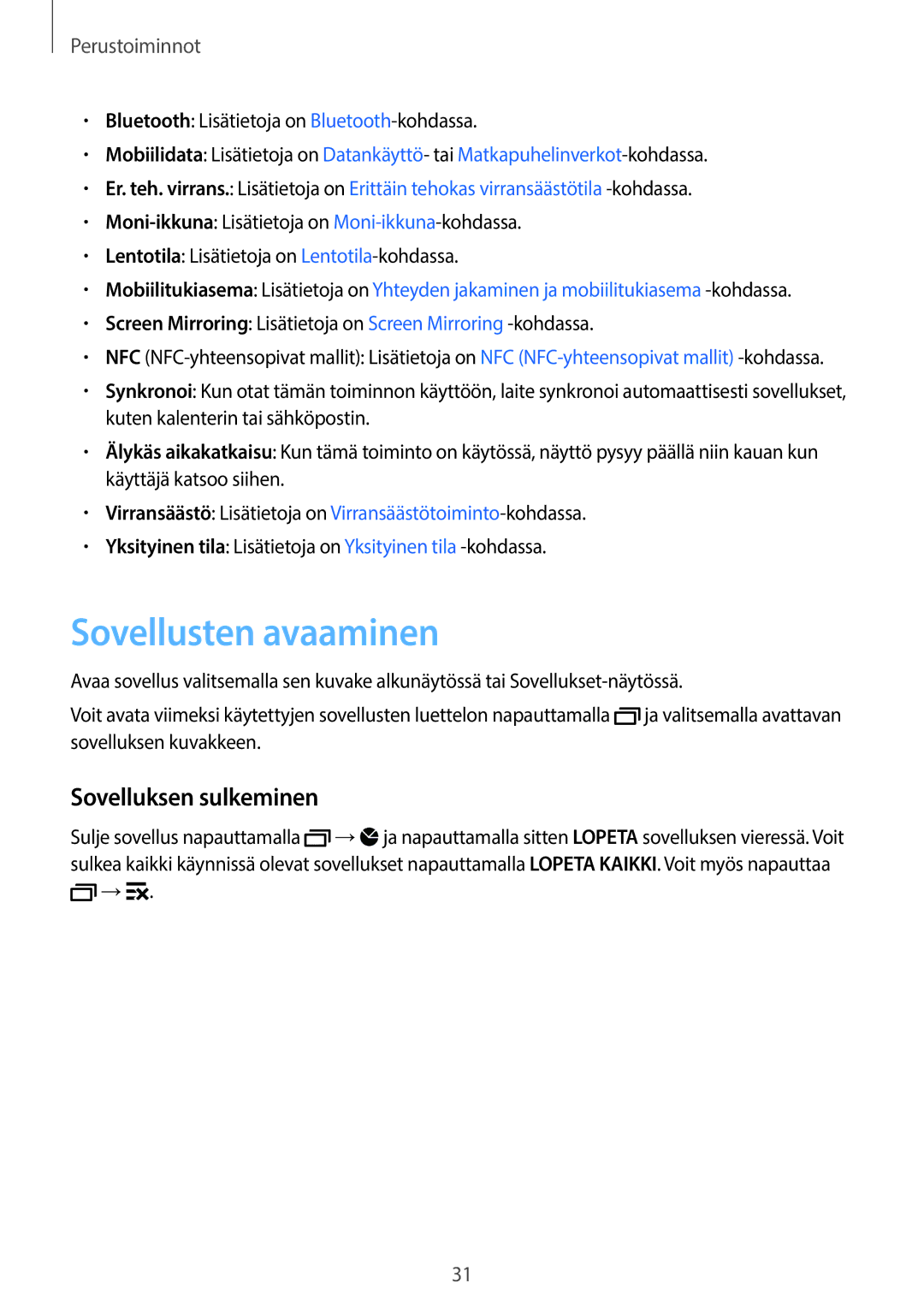 Samsung SM-A500FZWUNEE manual Sovellusten avaaminen, Sovelluksen sulkeminen 