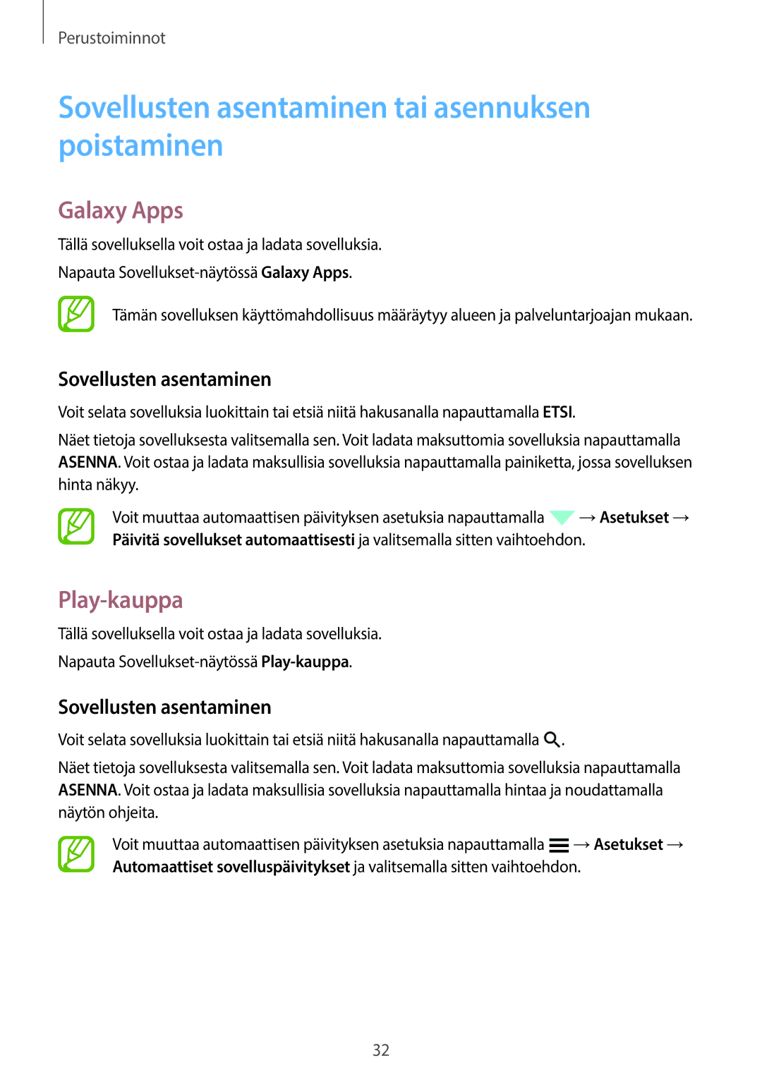 Samsung SM-A500FZWUNEE manual Sovellusten asentaminen tai asennuksen poistaminen, Galaxy Apps, Play-kauppa 