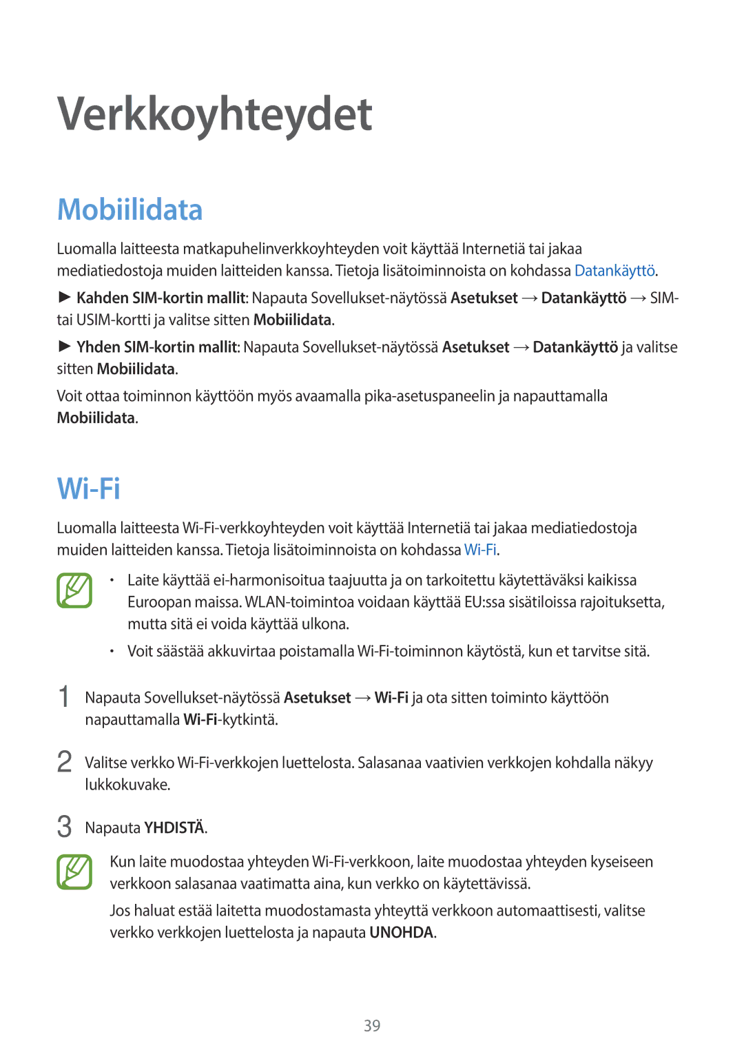 Samsung SM-A500FZWUNEE manual Verkkoyhteydet, Mobiilidata, Wi-Fi 