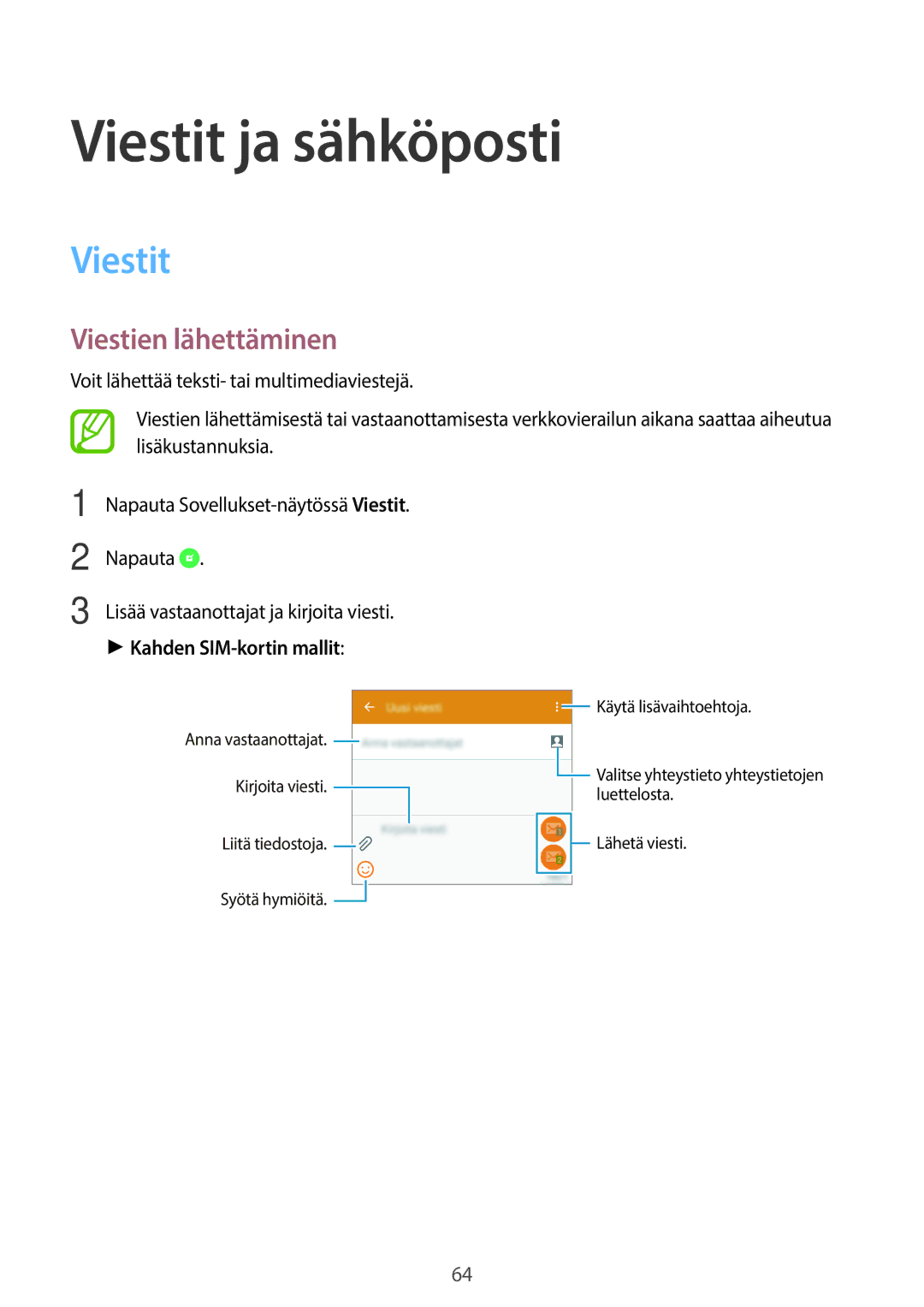 Samsung SM-A500FZWUNEE manual Viestit ja sähköposti, Viestien lähettäminen, Napauta, Kahden SIM-kortin mallit 